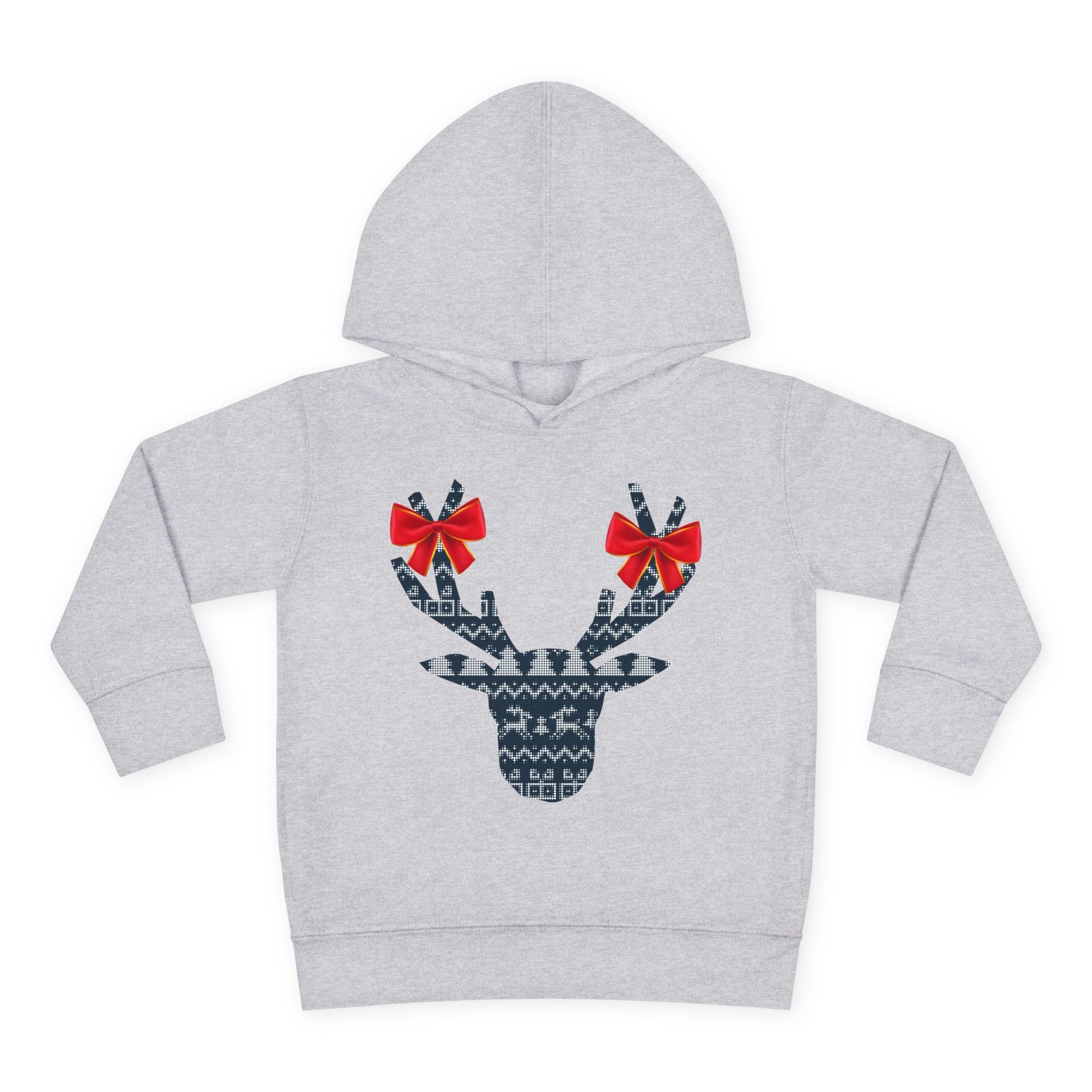 Gray hoodie with a blue and gray patterned reindeer design featuring red bows on each antler on a white background
