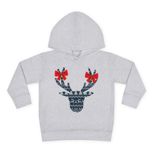 Gray hoodie with a blue and gray patterned reindeer design featuring red bows on each antler on a white background