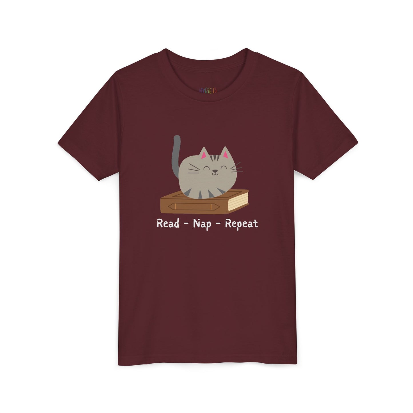 Maroon t-shirt with a cat sitting on a book and text 'Read - Nap - Repeat' 
