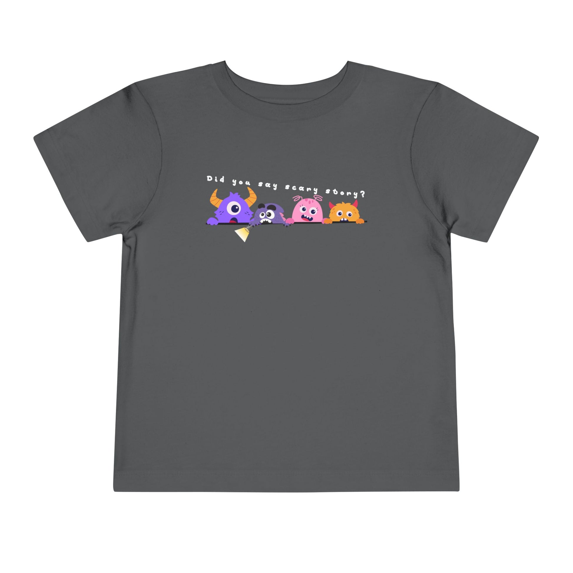 Gray t-shirt with a row of scared cartoon monsters peeking over a ledge and text 'Did You Say Scary Story?'