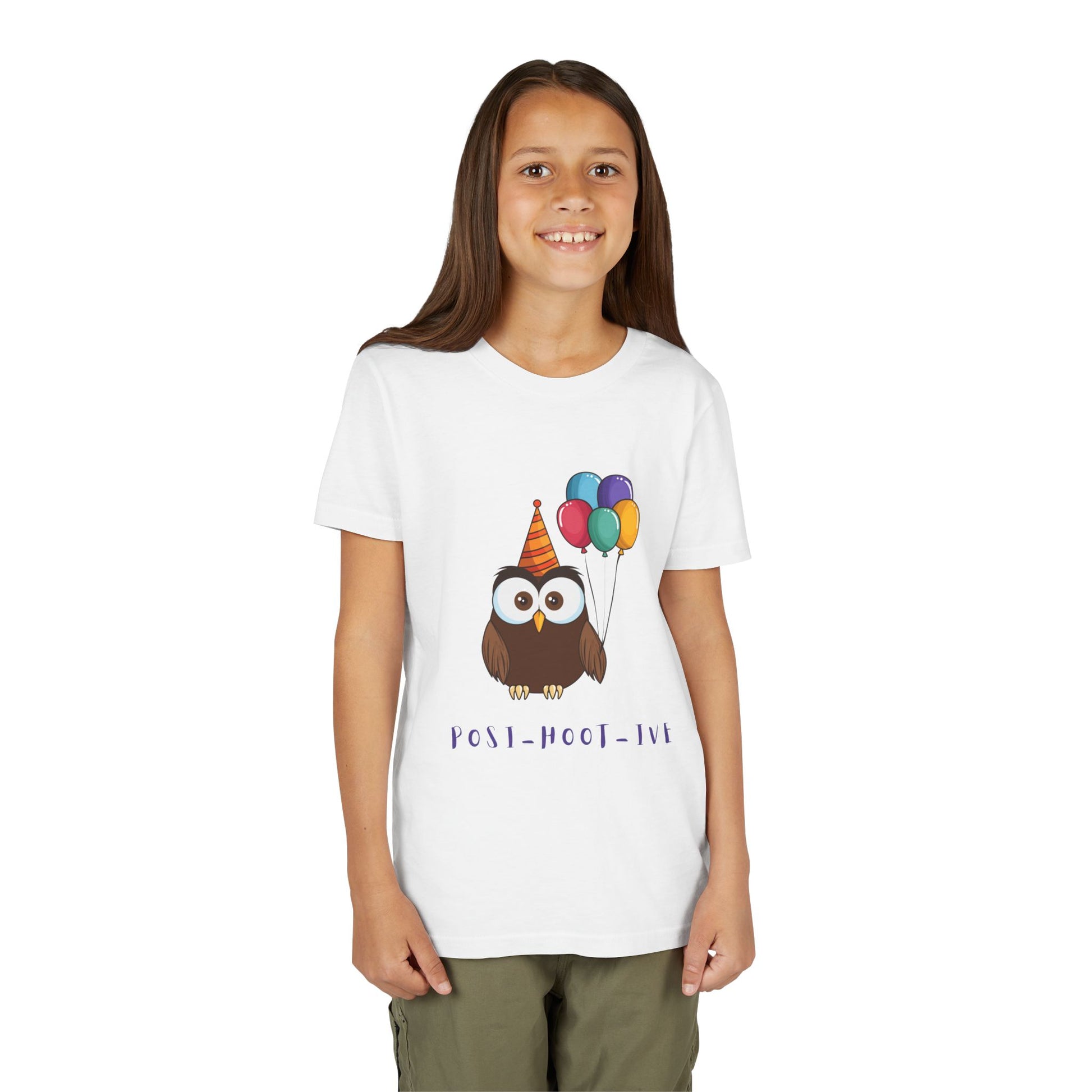 Girl wearing a white t-shirt with an owl wearing a party hat and balloons, and the text 'POST-HOOT-IVE' 