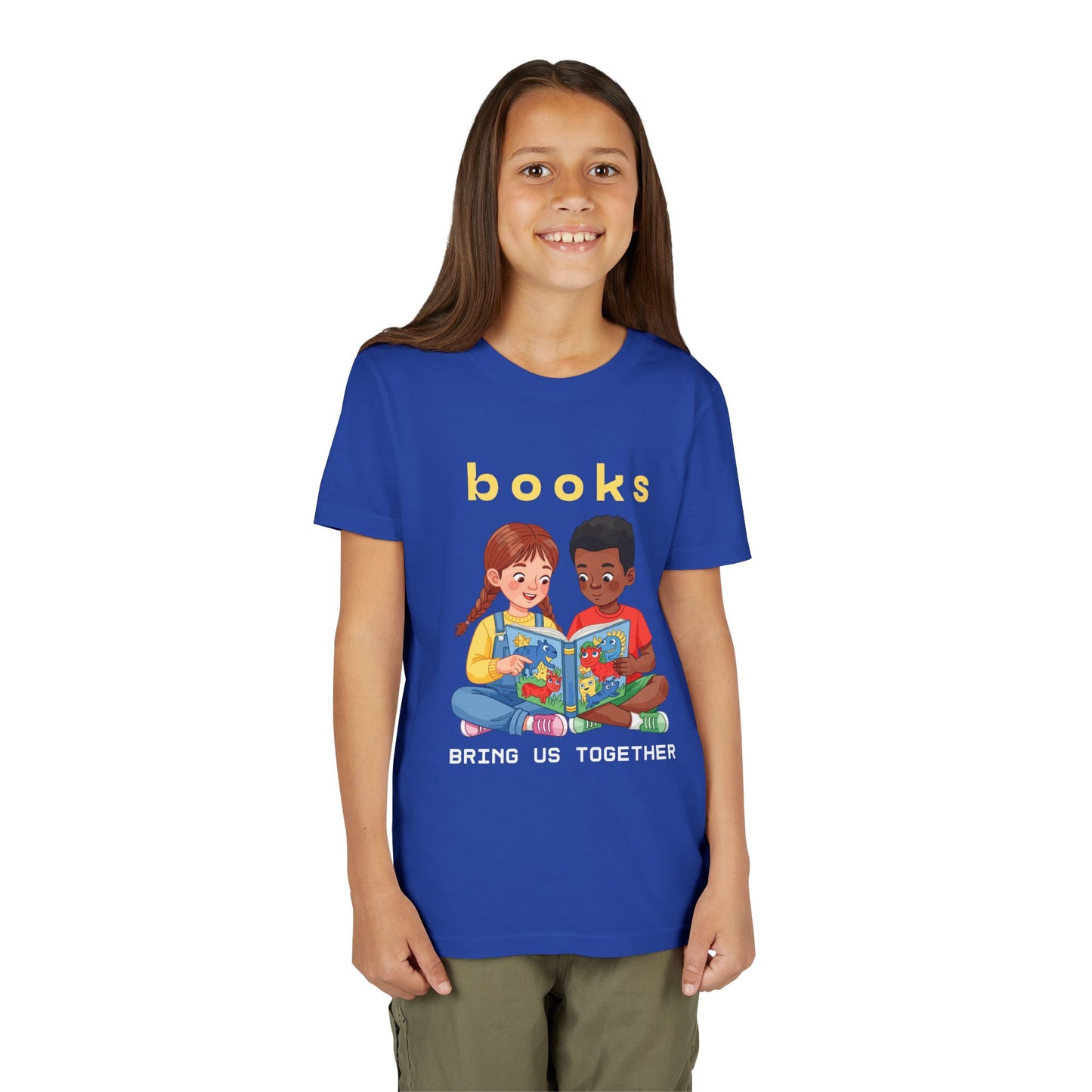 Girl wearing a blue t-shirt with illustration of two children reading a book and text 'books bring us together'