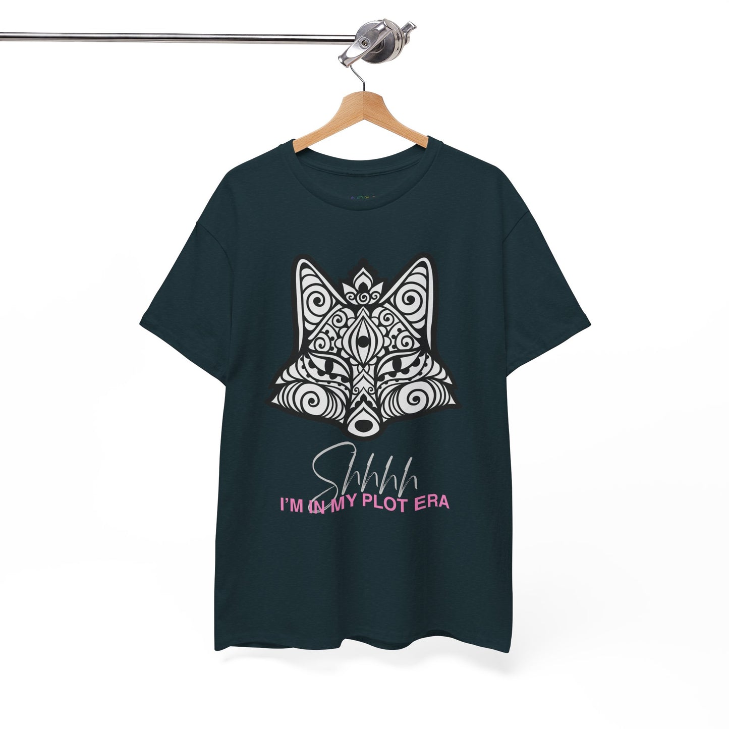 Midnight t-shirt with white geographic  fox design and text 'Shhhh, I'm In My Plot Era'
