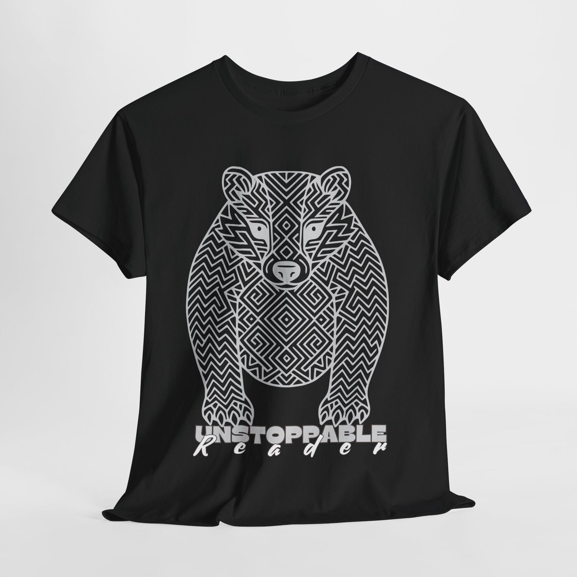 Black t-shirt with a light gray geometric honey badger, light gray text 'UNSTOPPABLE READER'