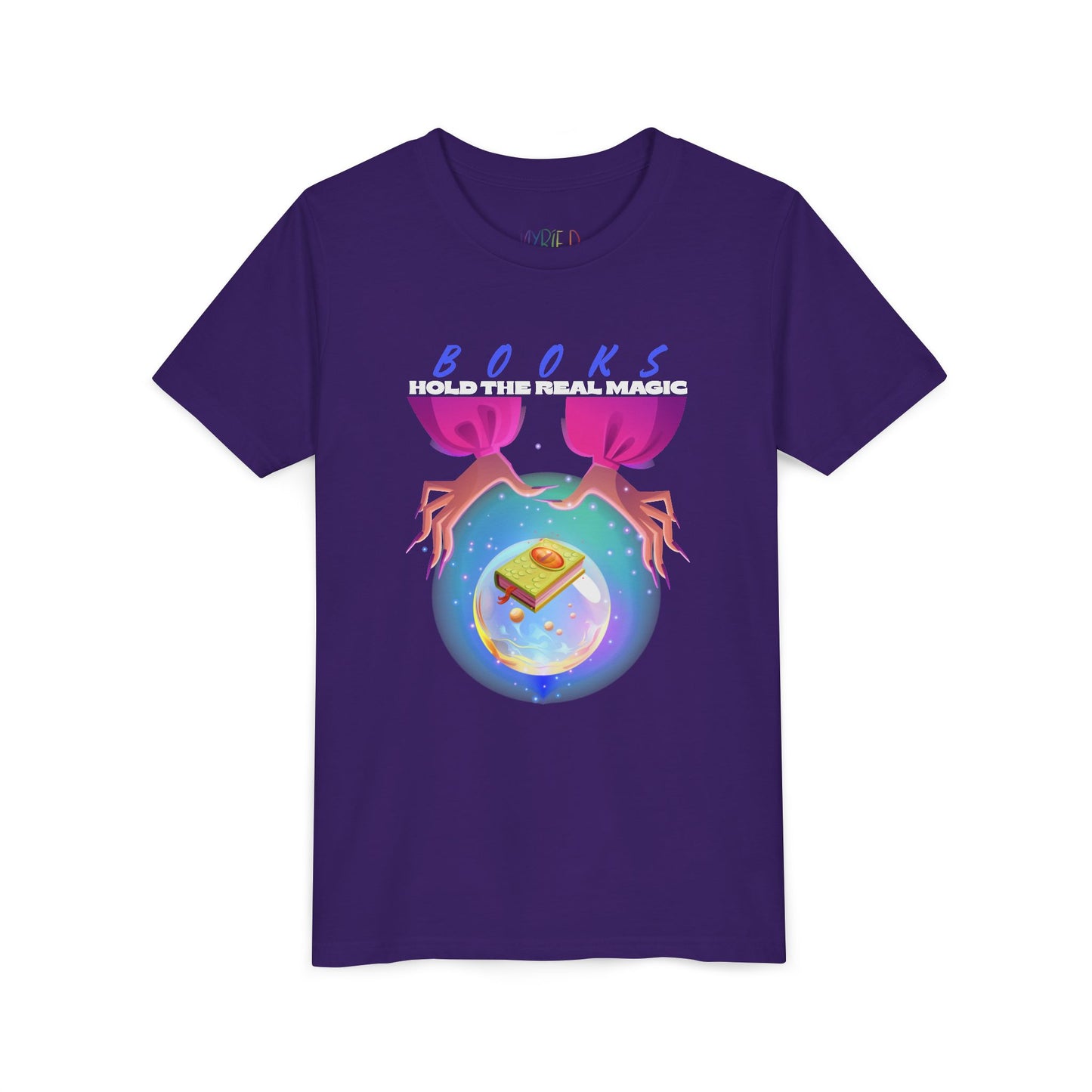 Purple t-shirt with a hands around a crystal ball featuring a monster book and text 'Book Hold The Real Magic'