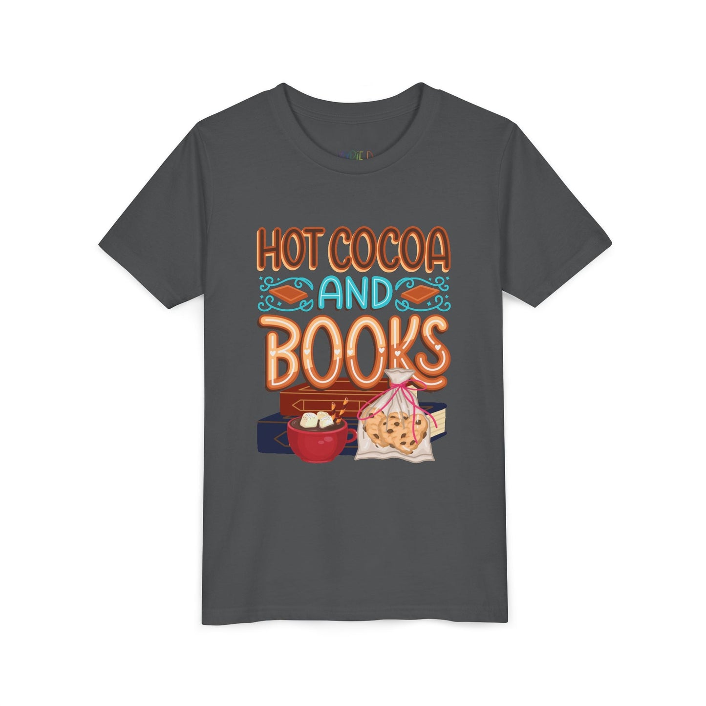 Youth Hot Cocoa and Books T-Shirt â€“ Cozy Winter Reading Design Printify
