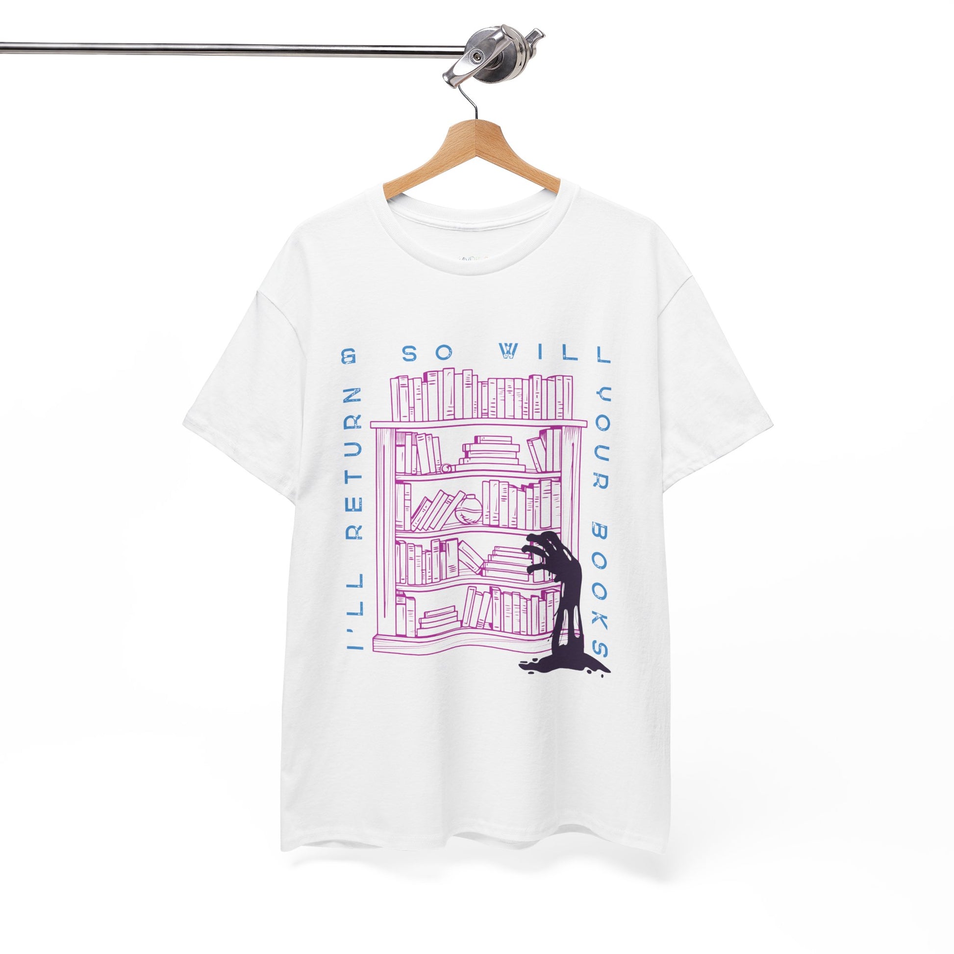White t-shirt with a graphic design of a zombie arm reaching for a book on a bookshelf and text 'I'll Return & So Will Your Books' on a hanger against a white background