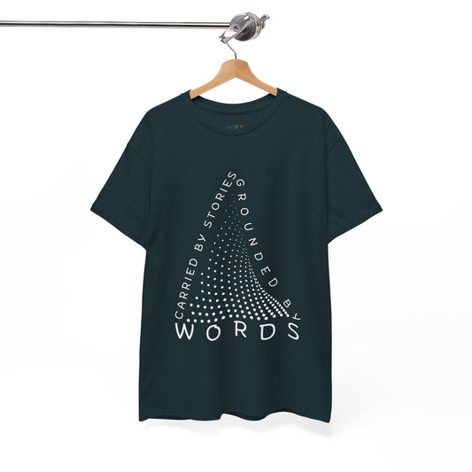Midnight t-shirt with white text that follow the outline of a dotted triangle 'Carried By Stories, Grounded By Words' 