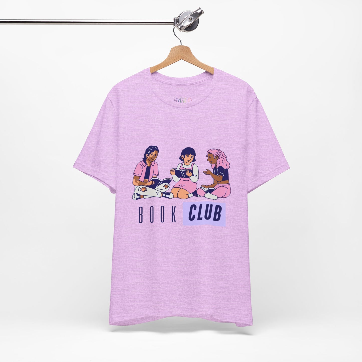 Light purple t-shirt with three diverse people and text 'Book Club' 