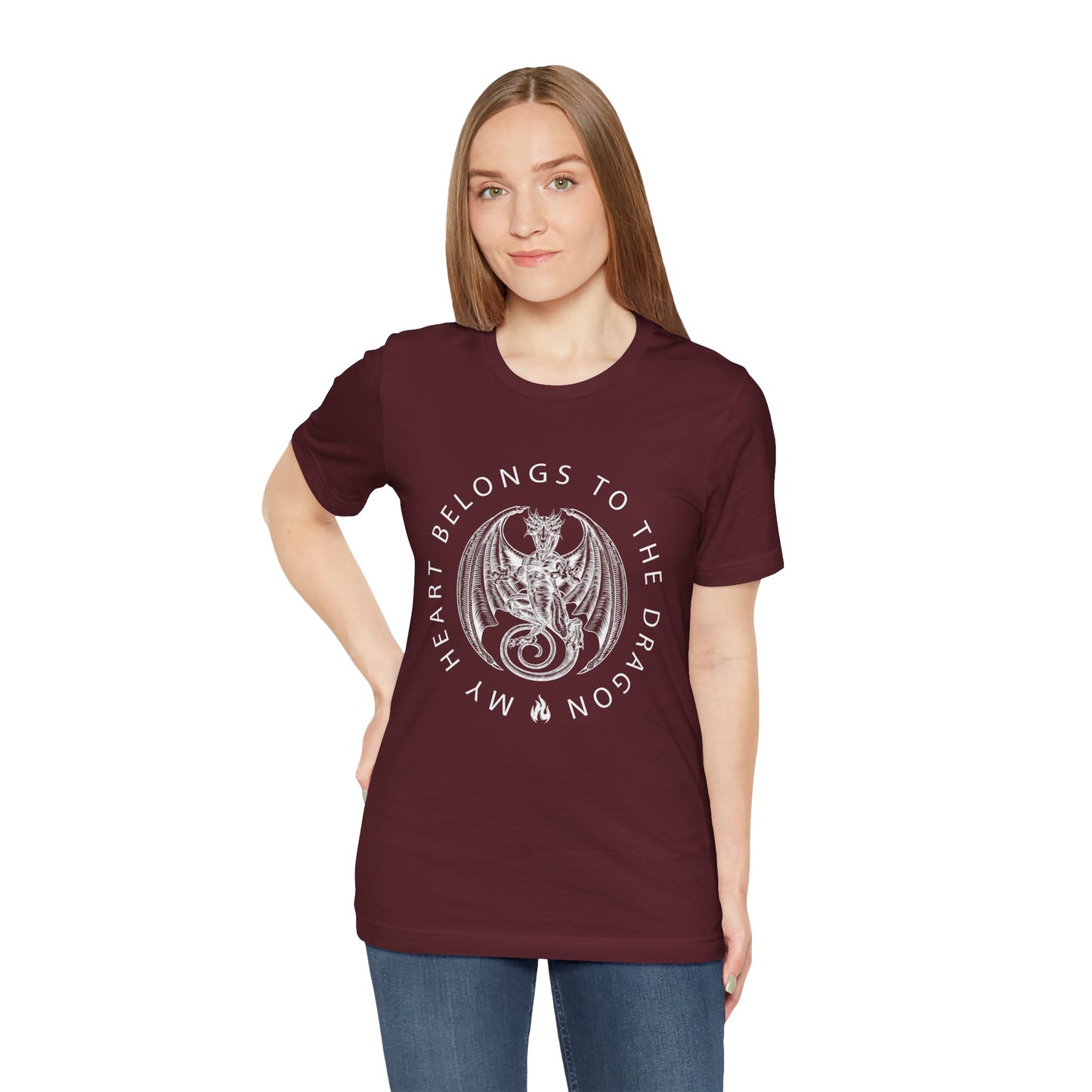 Woman wearing a maroon t-shirt with dragon graphic circled by text 'My Heart Belongs To The Dragon'