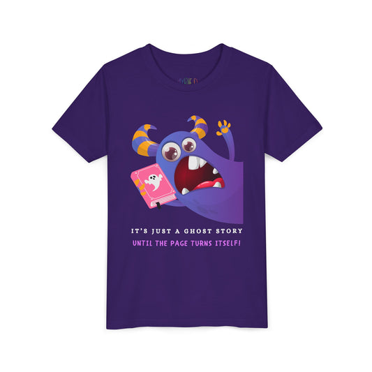 Purple t-shirt with a cartoon monster urgently jumping into frame with a gaping mouth, holding a book and text 'It's Just a Ghost Story Until The Page Turns Itself!'