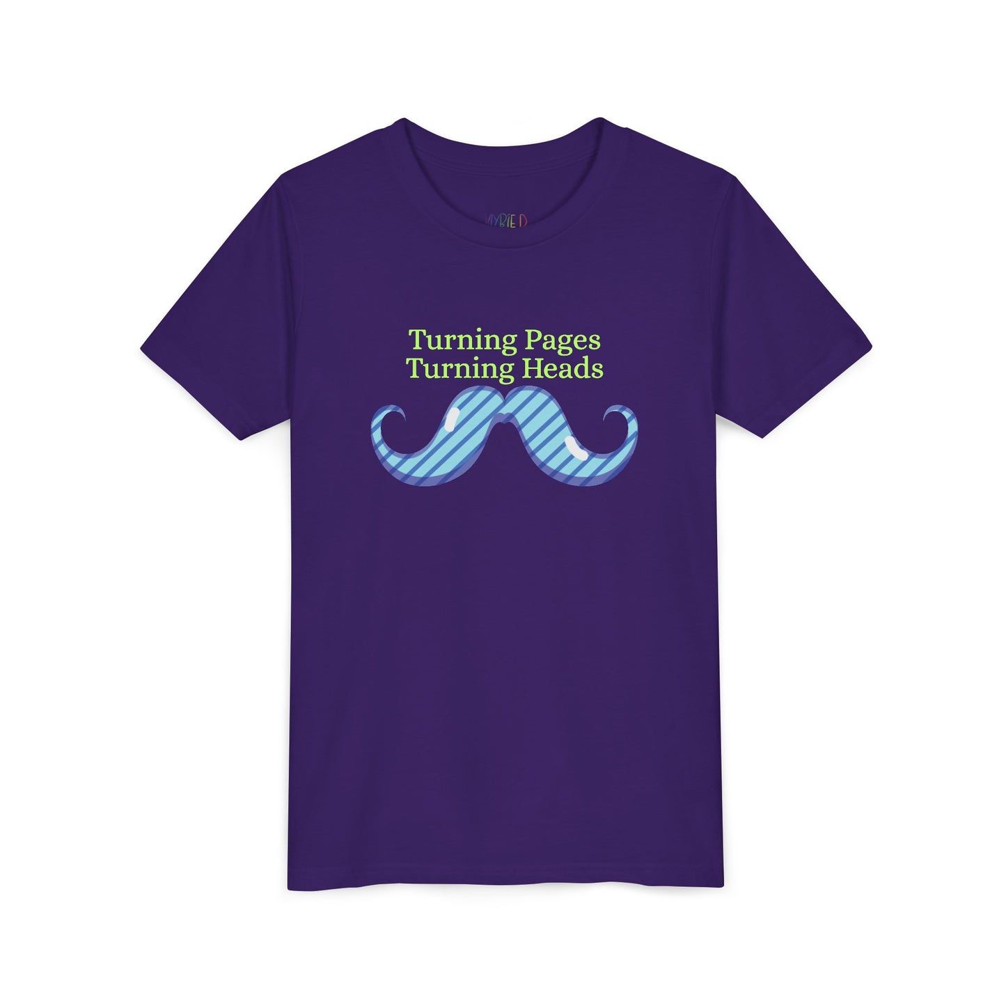 Purple t-shirt with a mustache graphic and text 'turning pages turning heads'
