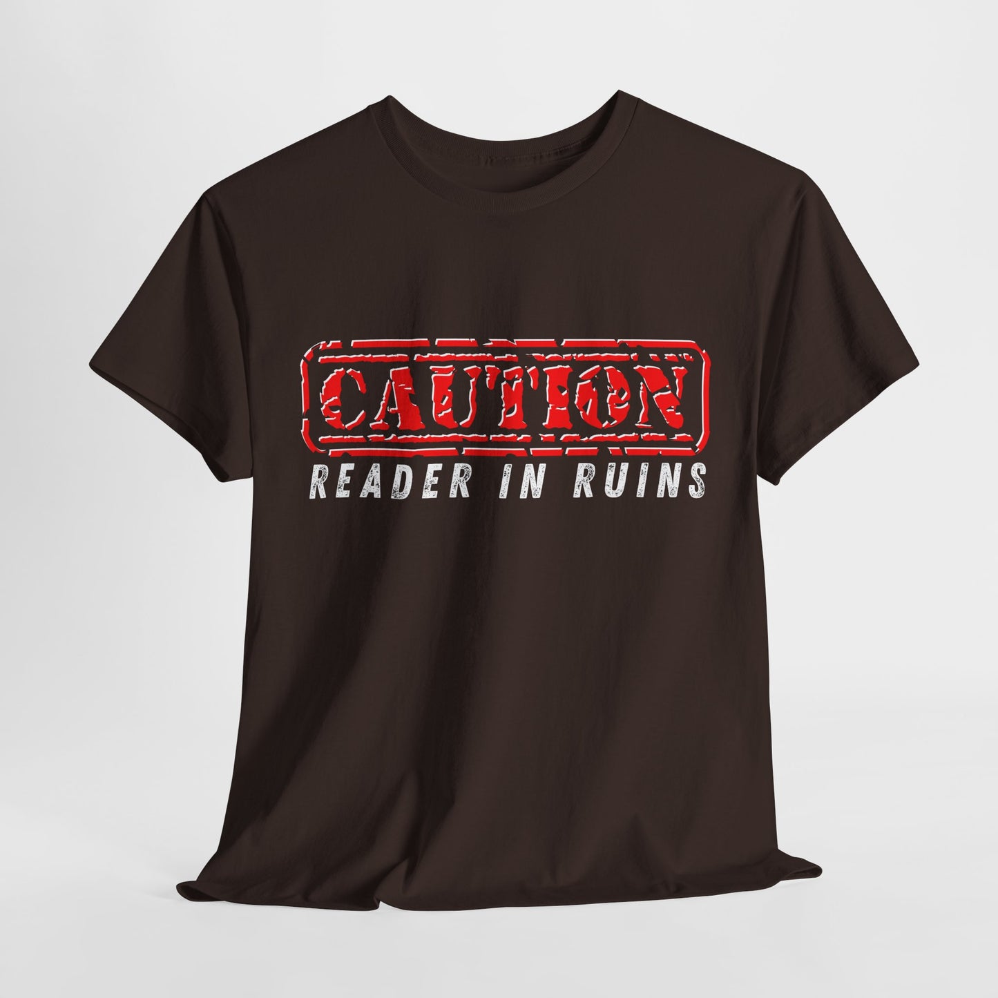 Teen/Adult Unisex Tee – CAUTION: Reader in Ruins (Red Caution)