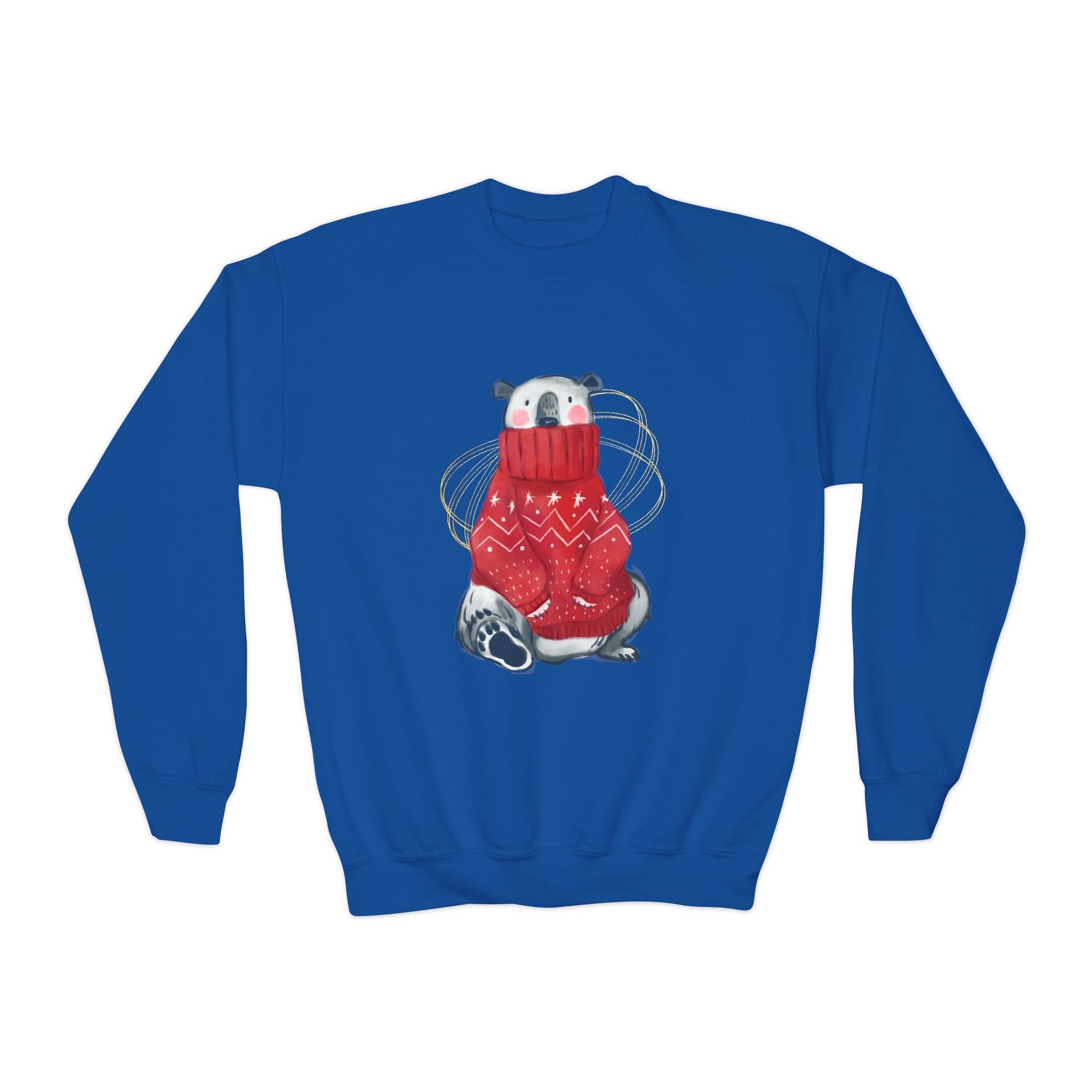 Blue sweatshirt with a graphic of a polar bear wearing a red sweater on a white background