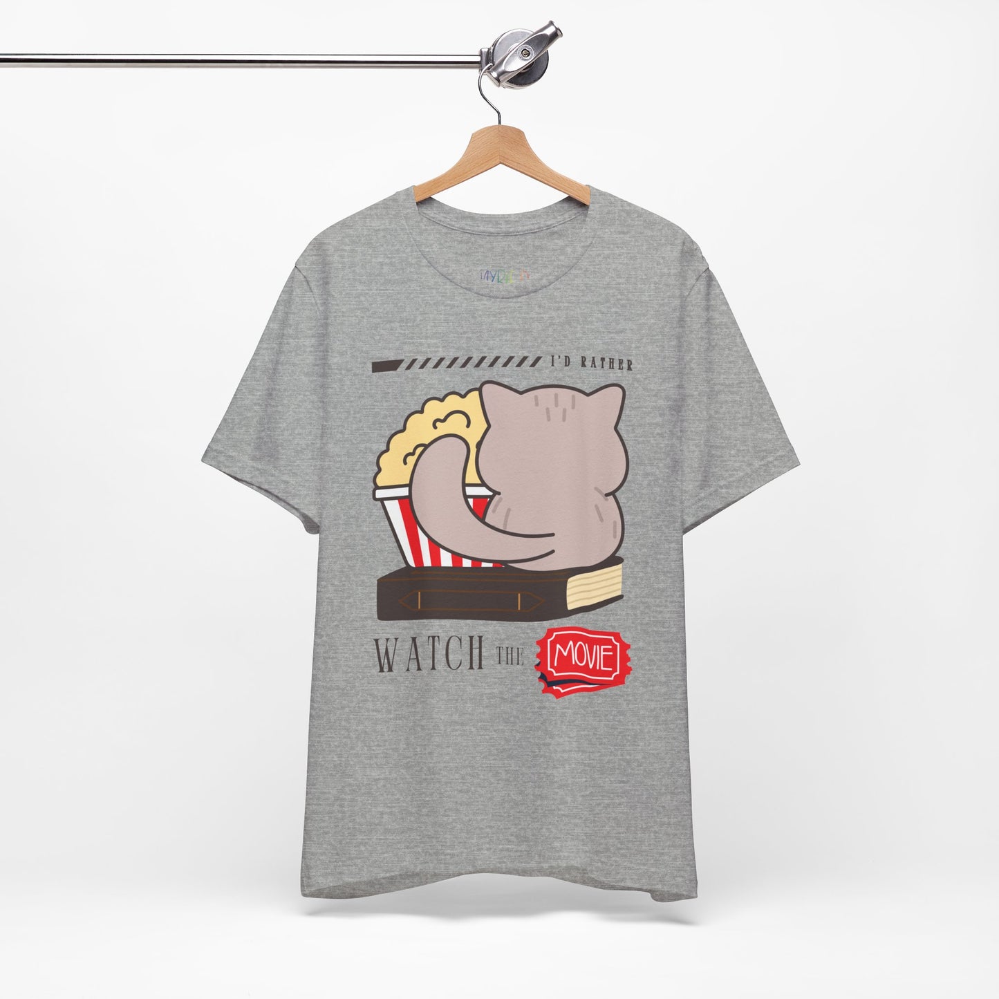 Gray t-shirt with the back of a cat, sitting on a book, with a bucket of popcorn, and text 'I'd Rather Watch The Movie' 