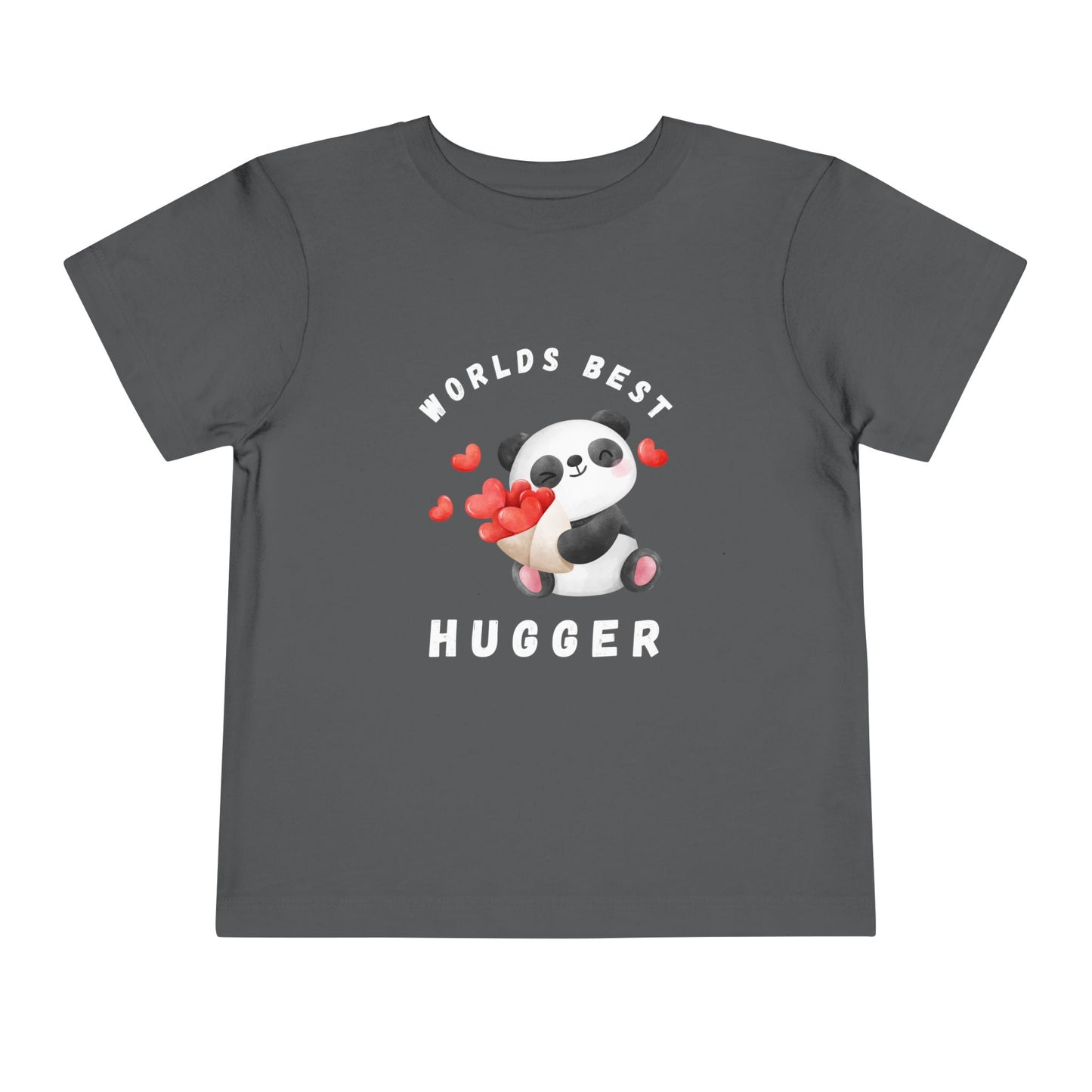 Gray toddler t-shirt with a panda holding hearts and 'Worlds Best Hugger' text 