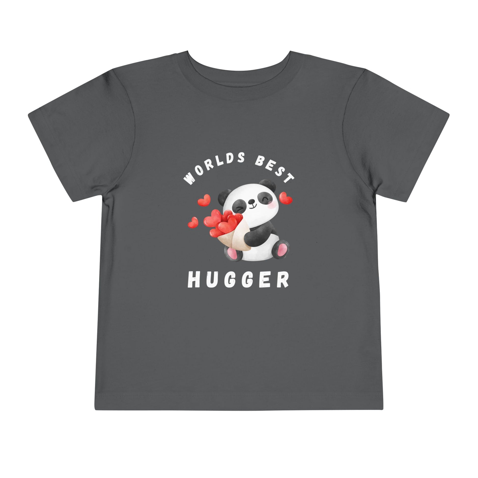 Gray toddler t-shirt with a panda holding hearts and 'Worlds Best Hugger' text 