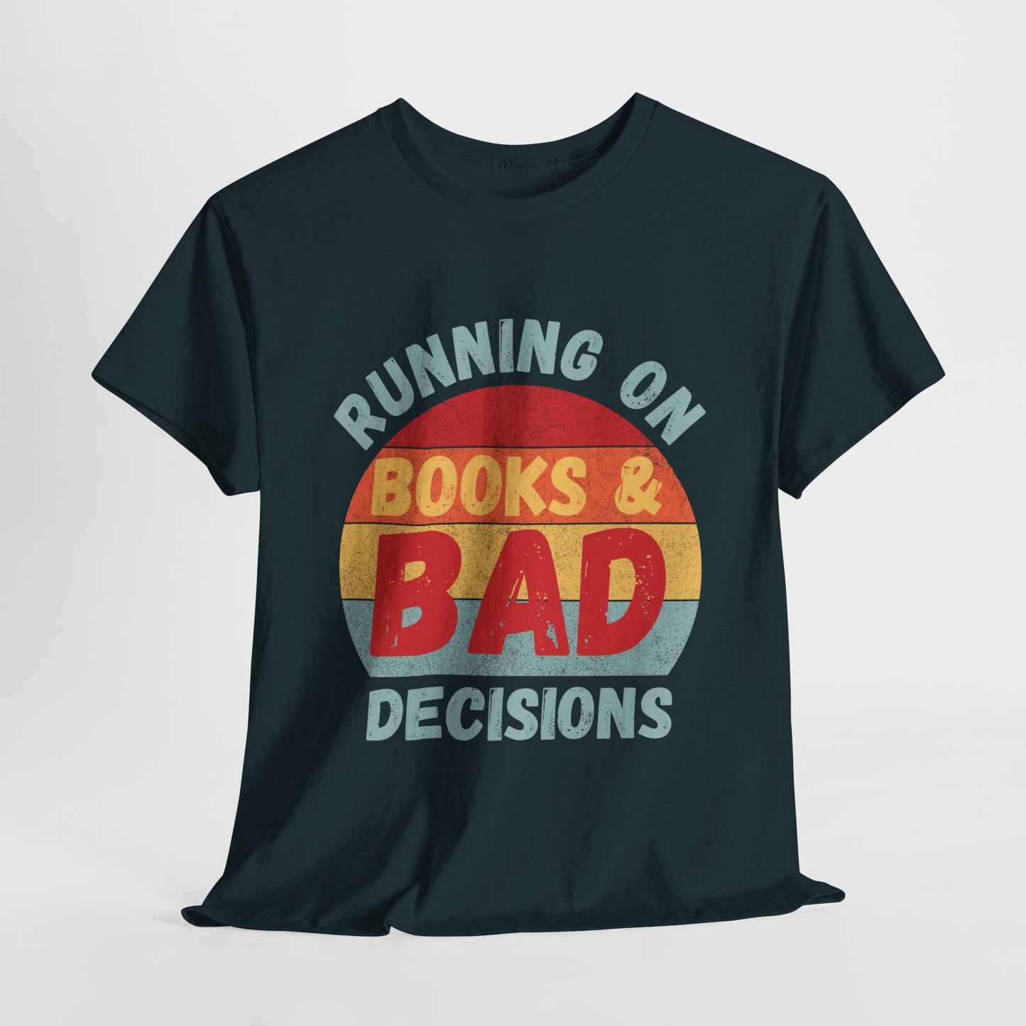 Teen/Adult Unisex Running on Books & Bad Decisions Tee – Funny Retro Reader Shirt for Book Addicts (Curve Edition)