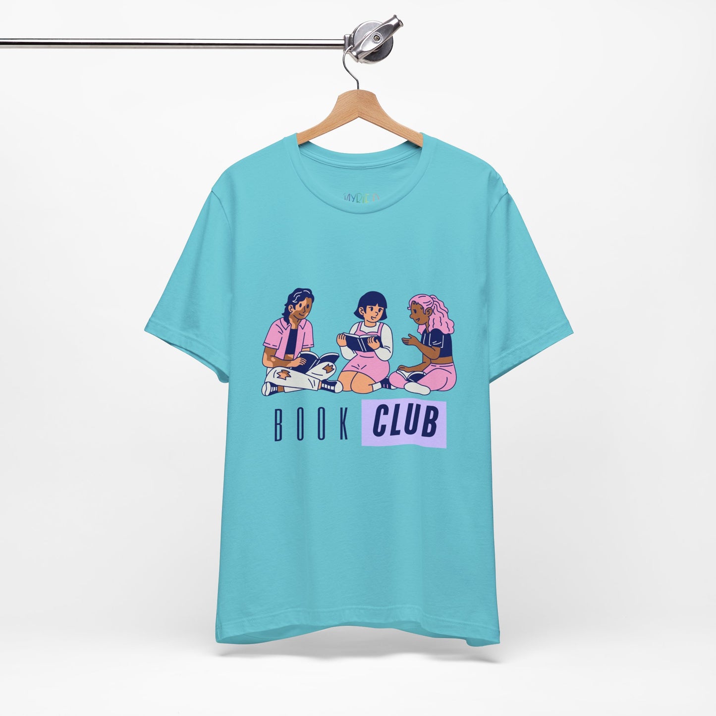 Turquoise t-shirt with three diverse people and text 'Book Club' 