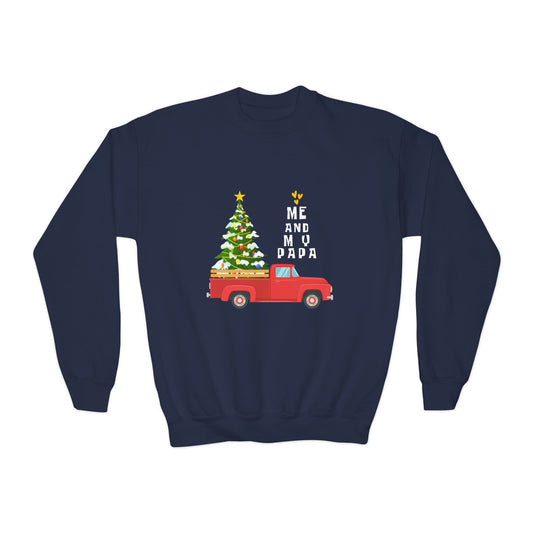 Navy blue sweatshirt with a Christmas tree in the back of a red pick-up truck and text "Me And My Papa"