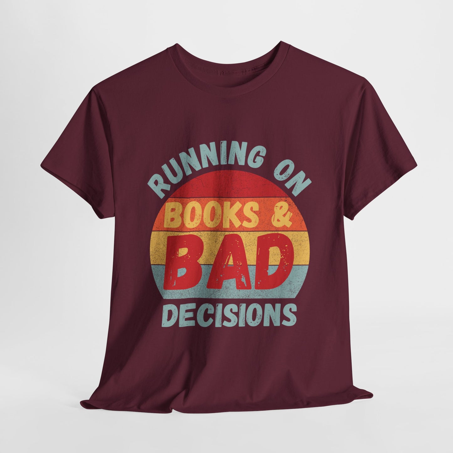 Teen/Adult Unisex Running on Books & Bad Decisions Tee – Funny Retro Reader Shirt for Book Addicts (Curve Edition)