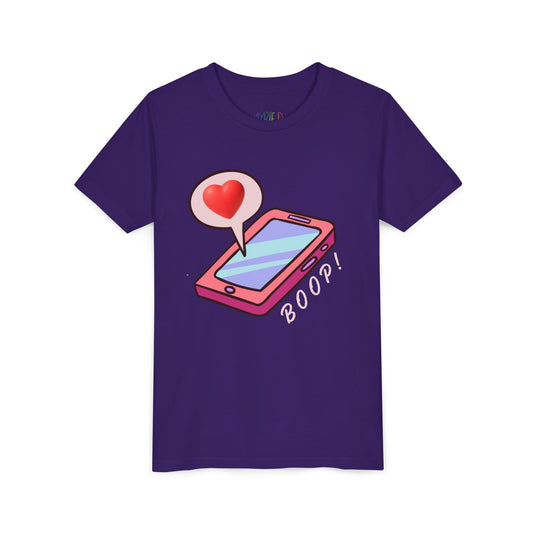 Purple t-shirt with a graphic of a phone, large heart text message, and the word 'BOOP' 