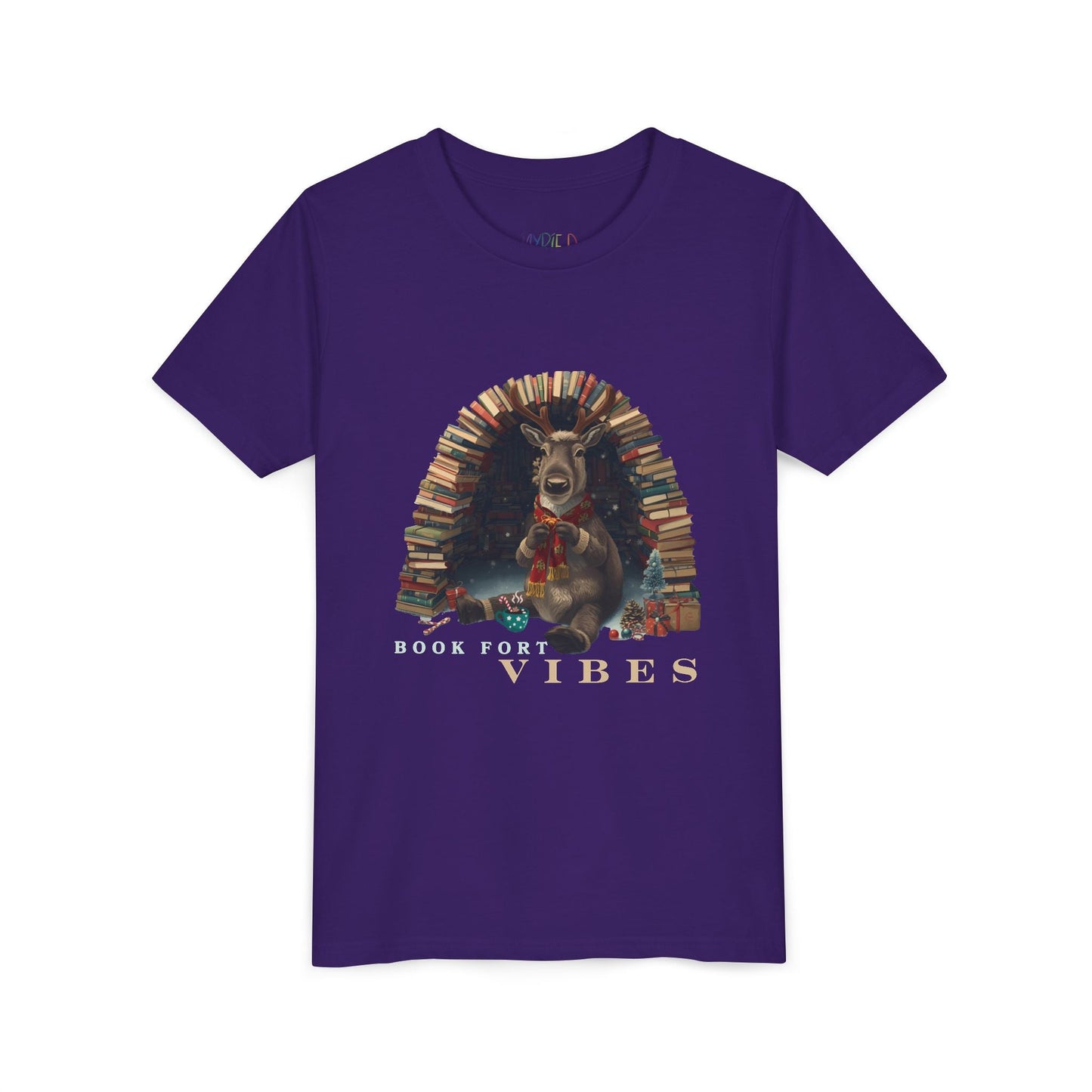 Youth Book Fort Vibes T-Shirt â€“ Reindeer Reading Design Printify