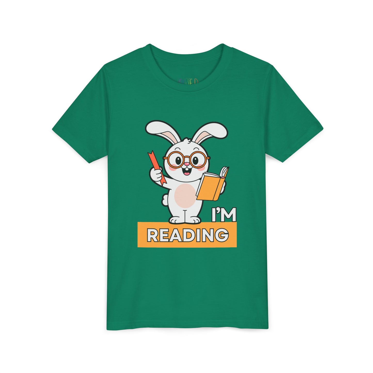 Green t-shirt with a cartoon bunny holding a bookmark and a book, with 'I'm Reading' text 