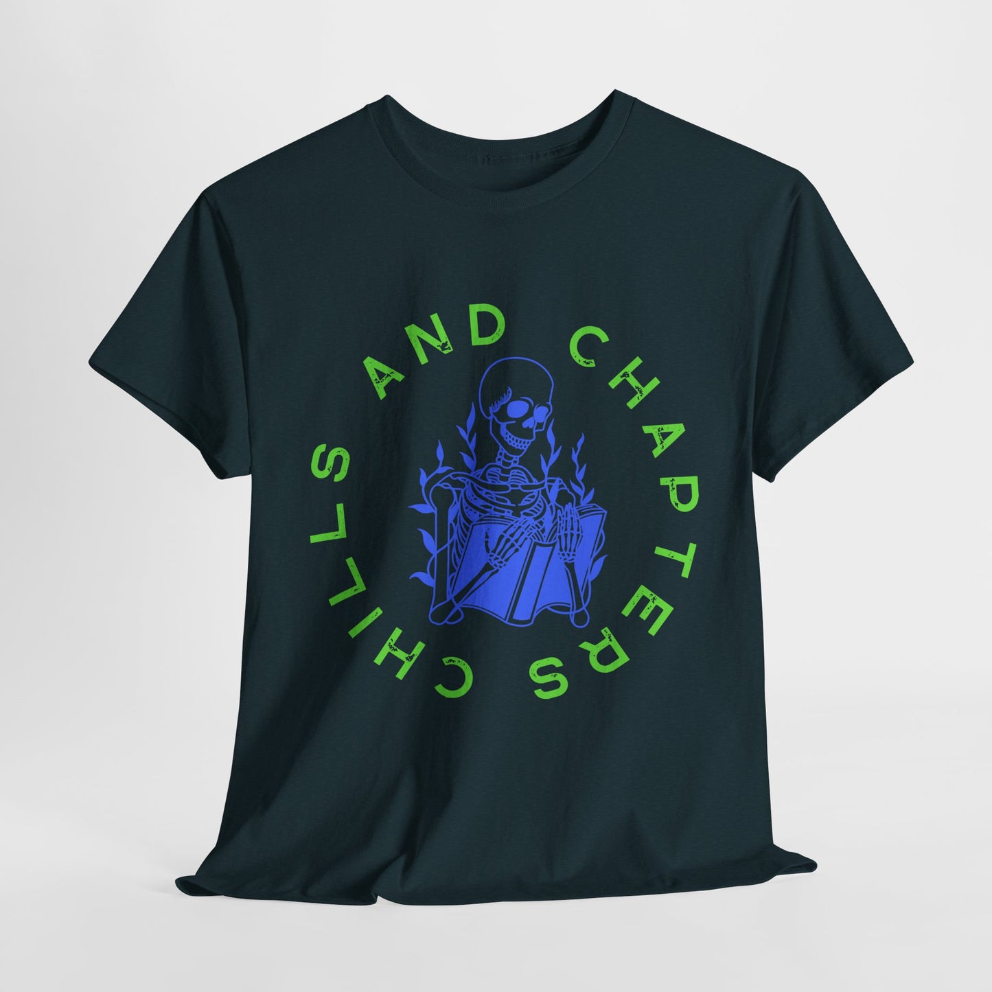Teen/Adult Unisex Chills and Chapters T-Shirt – Skeleton Horror Reader Graphic Tee