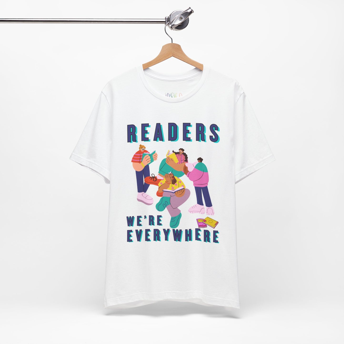 White t-shirt with colorful modern shaped people reading books and text 'READERS WE'RE EVERYWHERE' 