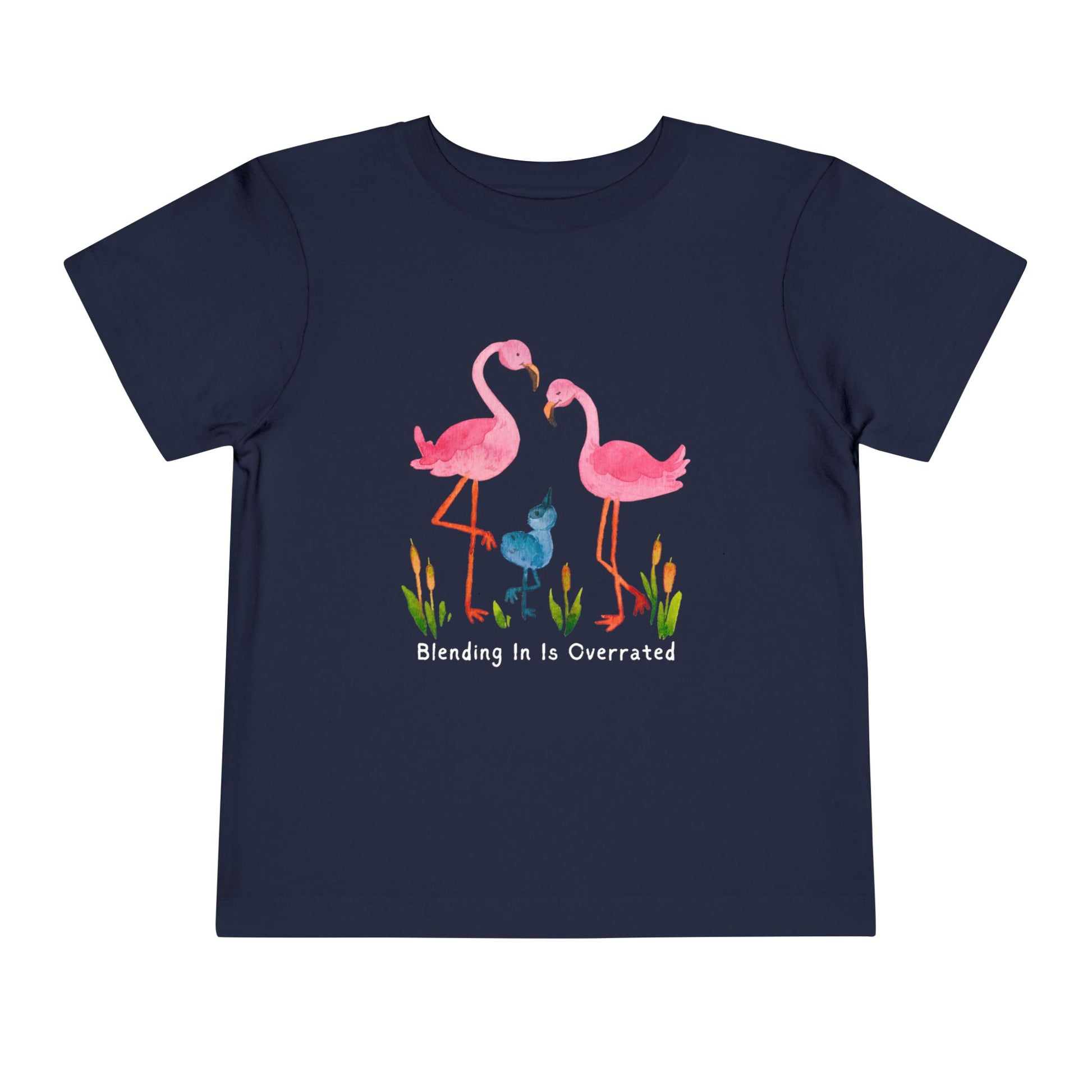 Navy blue toddler t-shirt with pink flamingo family and text 'Blending In Is Overrated'