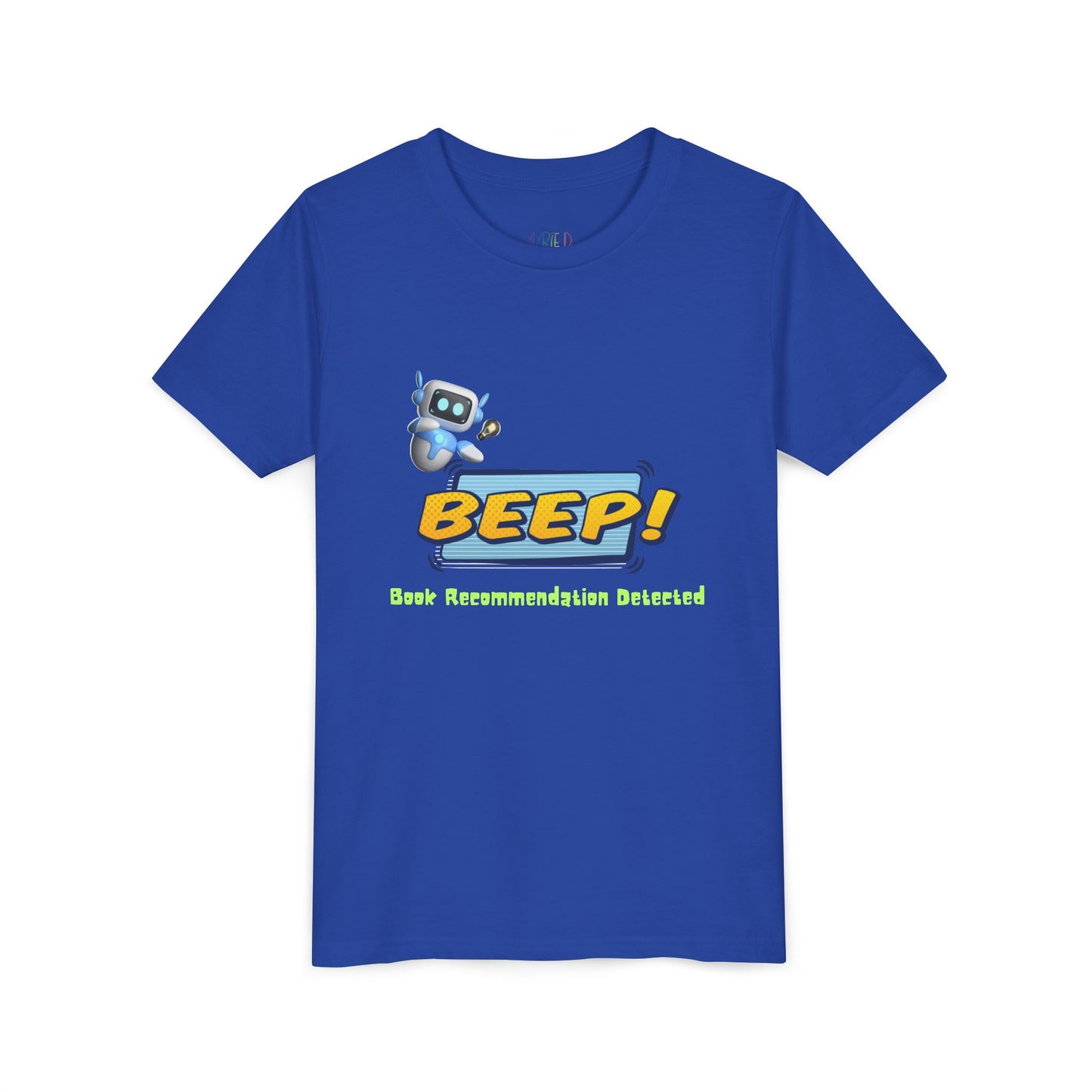 Blue t-shirt with robot graphic and 'BEEP! Book Recommendation Detected' text 