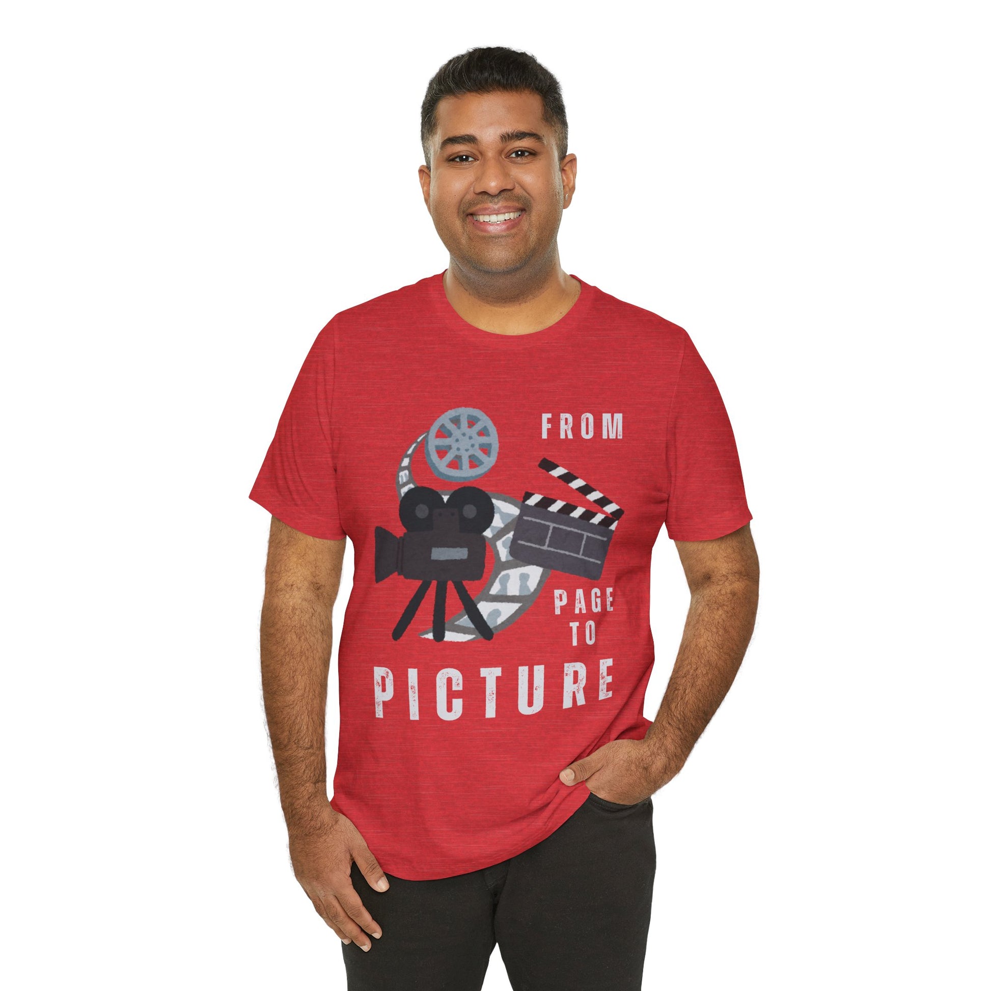 Man wearing a red t-shirt with movie-themed graphic and text 'From Page to Picture' 