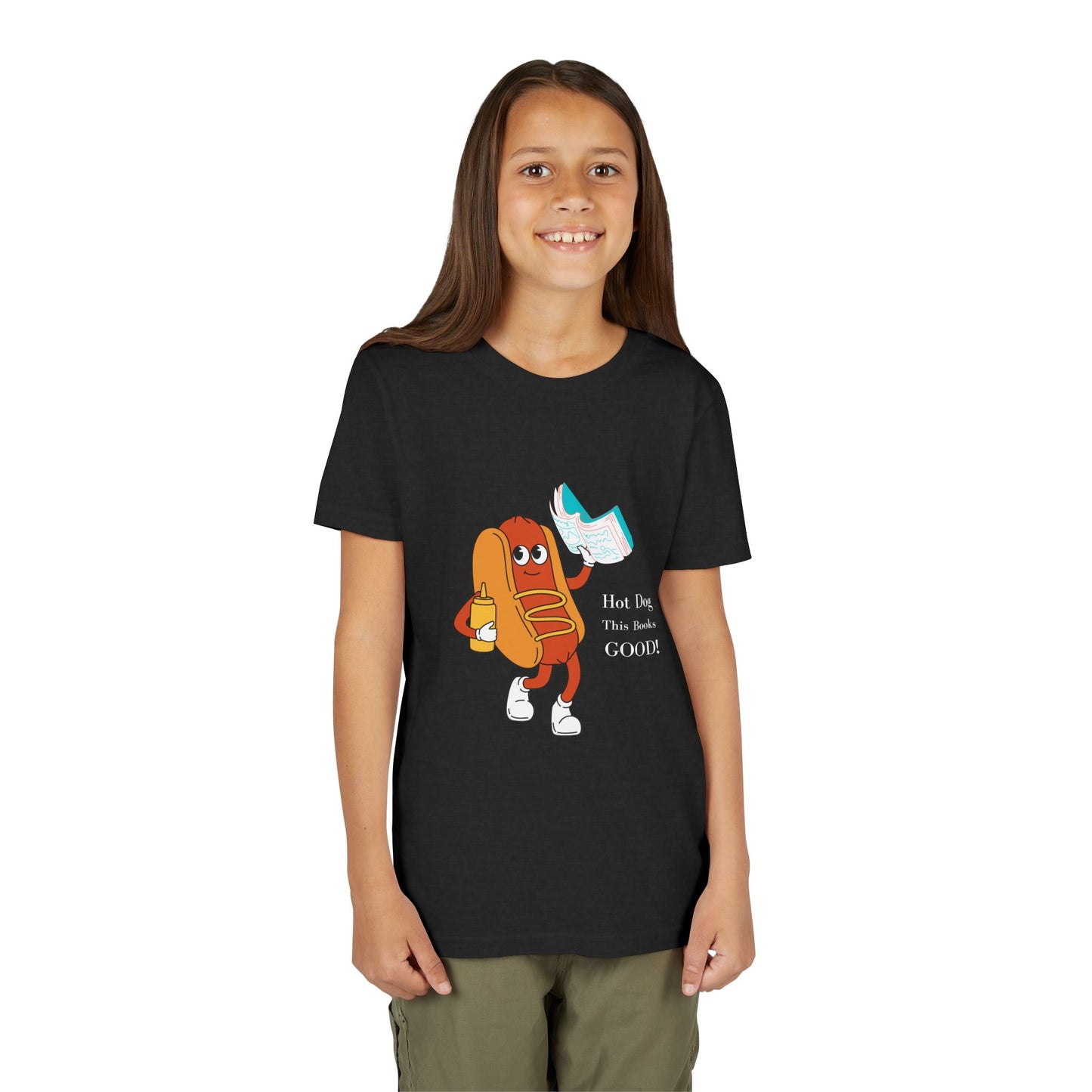 Girl wearing a black t-shirt with a cartoon hot dog character holding a blue book and text 'hot dog this books good'