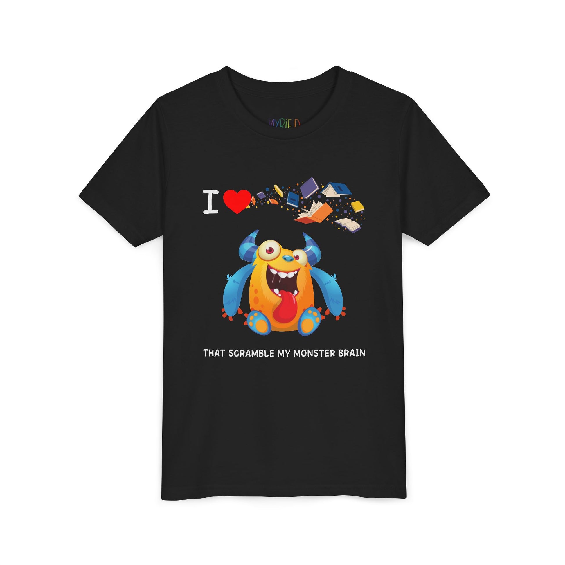 Black t-shirt with a goofy, yet colorful cartoon monster character, books flying through air and playful I love books that Scramble My Monster Brain text
