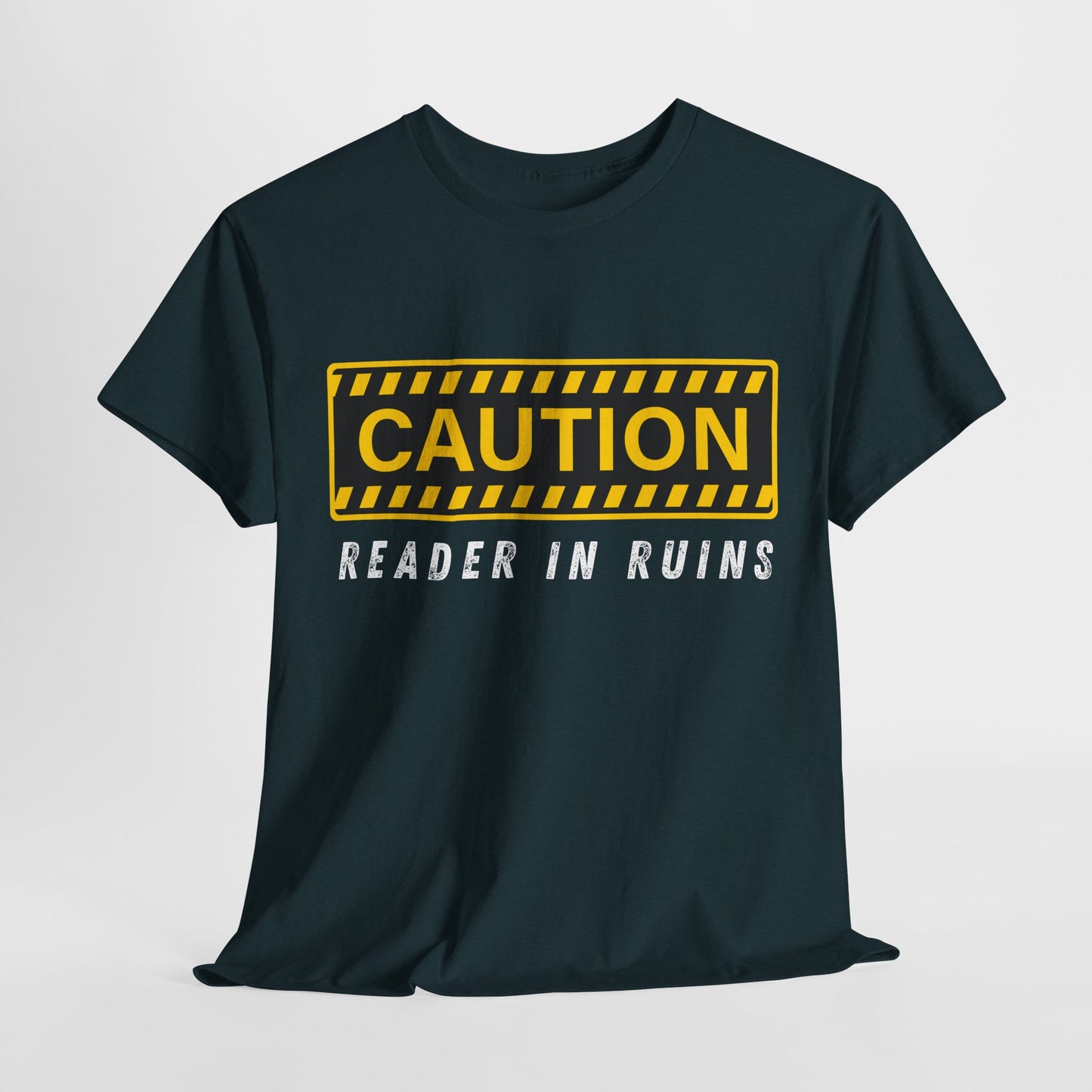 Teen/Adult Unisex Tee – CAUTION: Reader in Ruins (Yellow Caution)