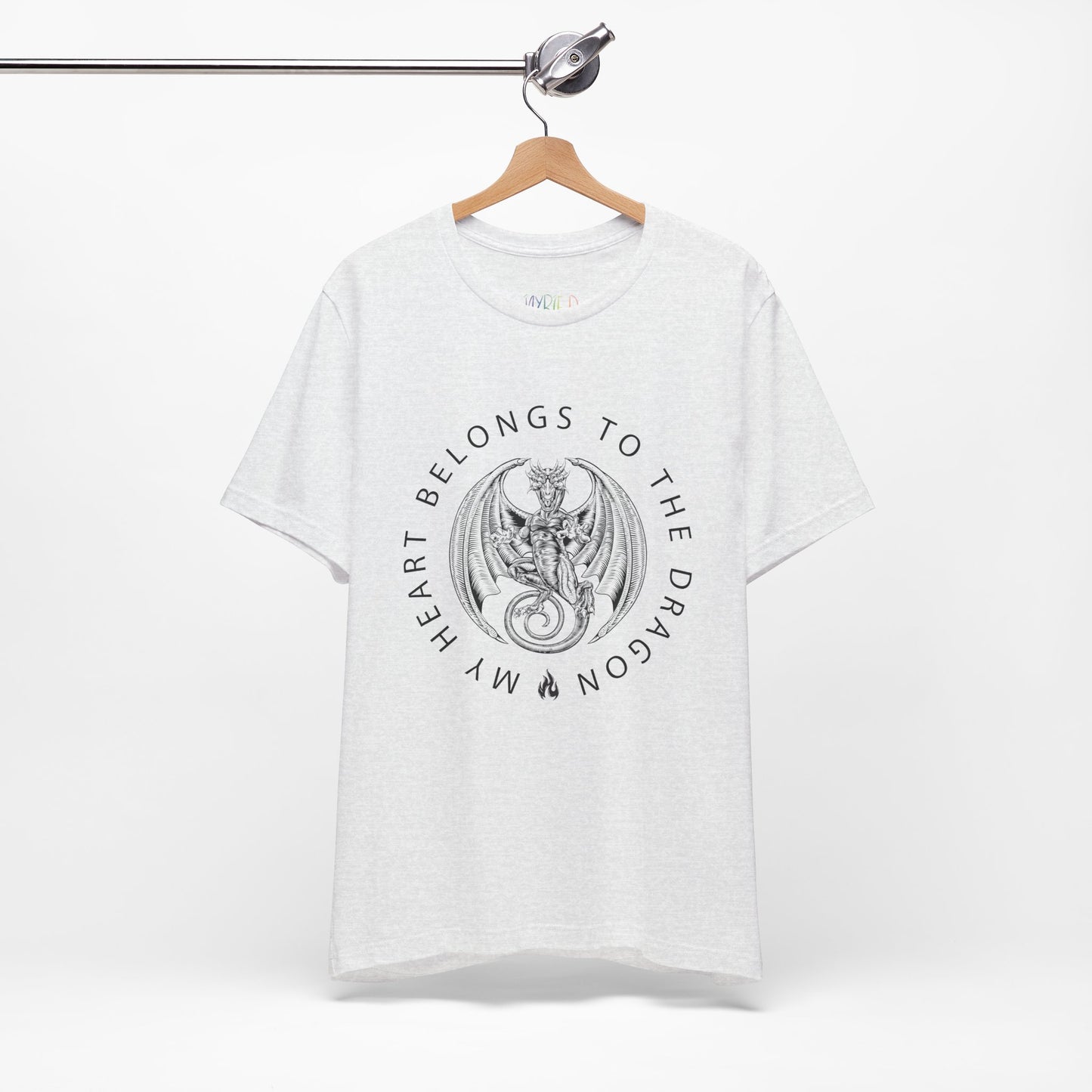 Ash t-shirt with dragon graphic circled by text 'My Heart Belongs To The Dragon'