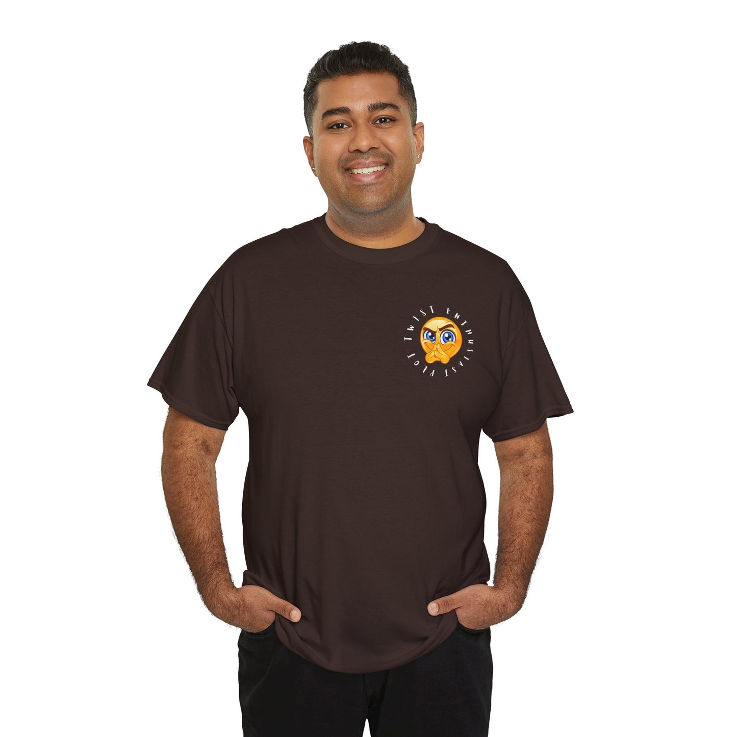 Man wearing a brown t-shirt with a small emoji circled by text 'Plot Twist Enthusiast' 