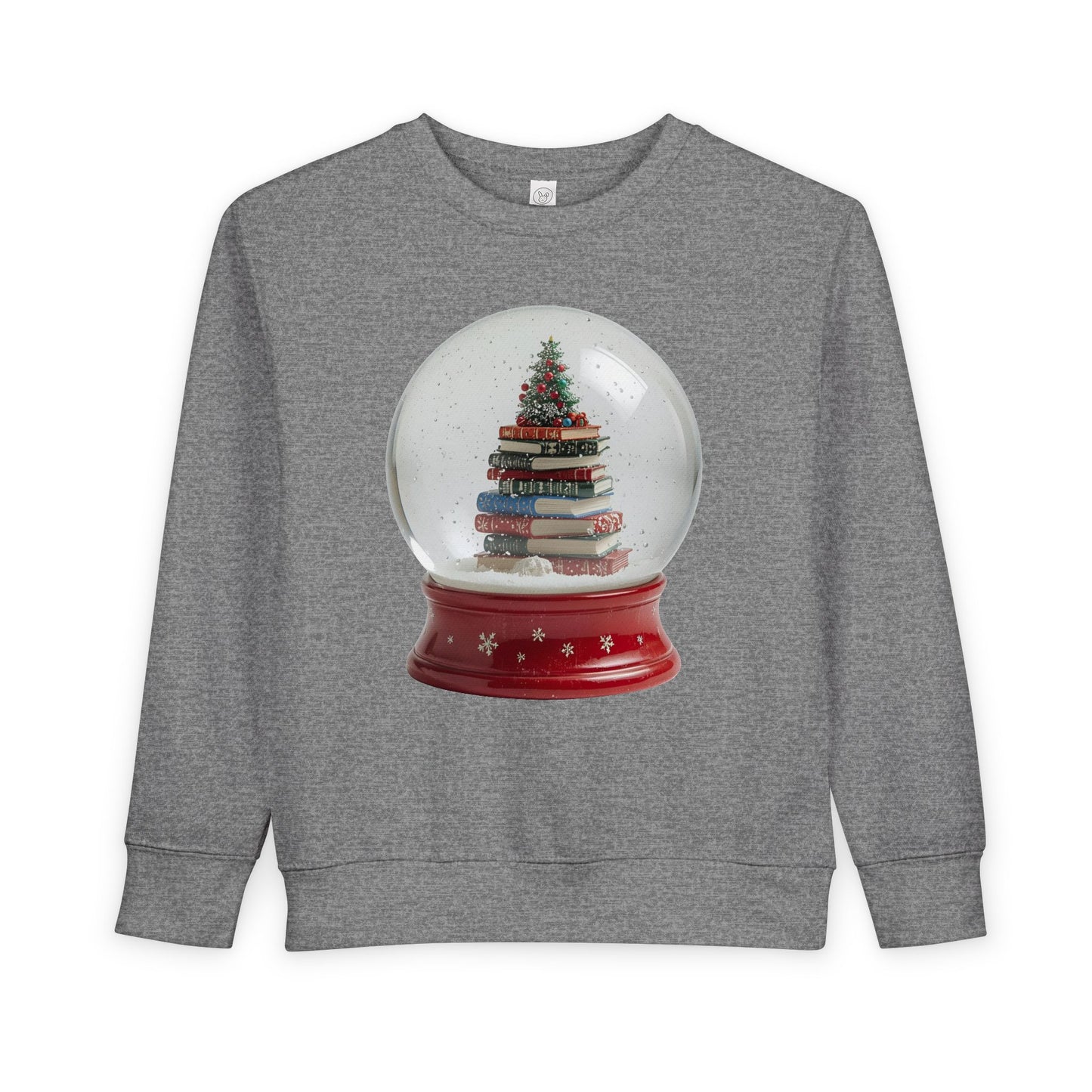 Gray toddler sweatshirt featuring a Christmas tree on a stack of books inside of a snow globe