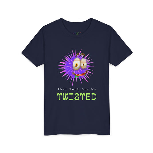 Navy blue t-shirt with a wild eyed spiky creature and text 'That book got me twisted' 