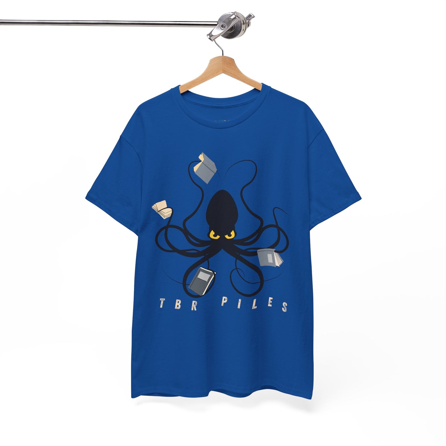 Blue t-shirt with a yellow eyed black octopus  holding several books and text 'TBR PILES' 