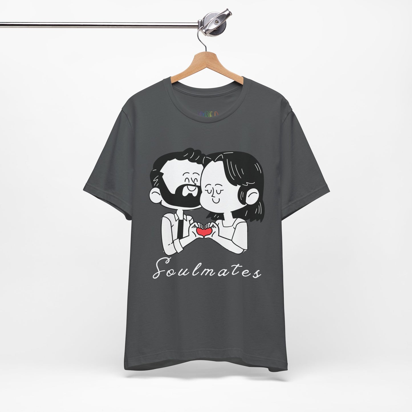 Gray t-shirt with a graphic of two people snuggled, making a heart shape by putting their hands together and text 'Soulmates' 