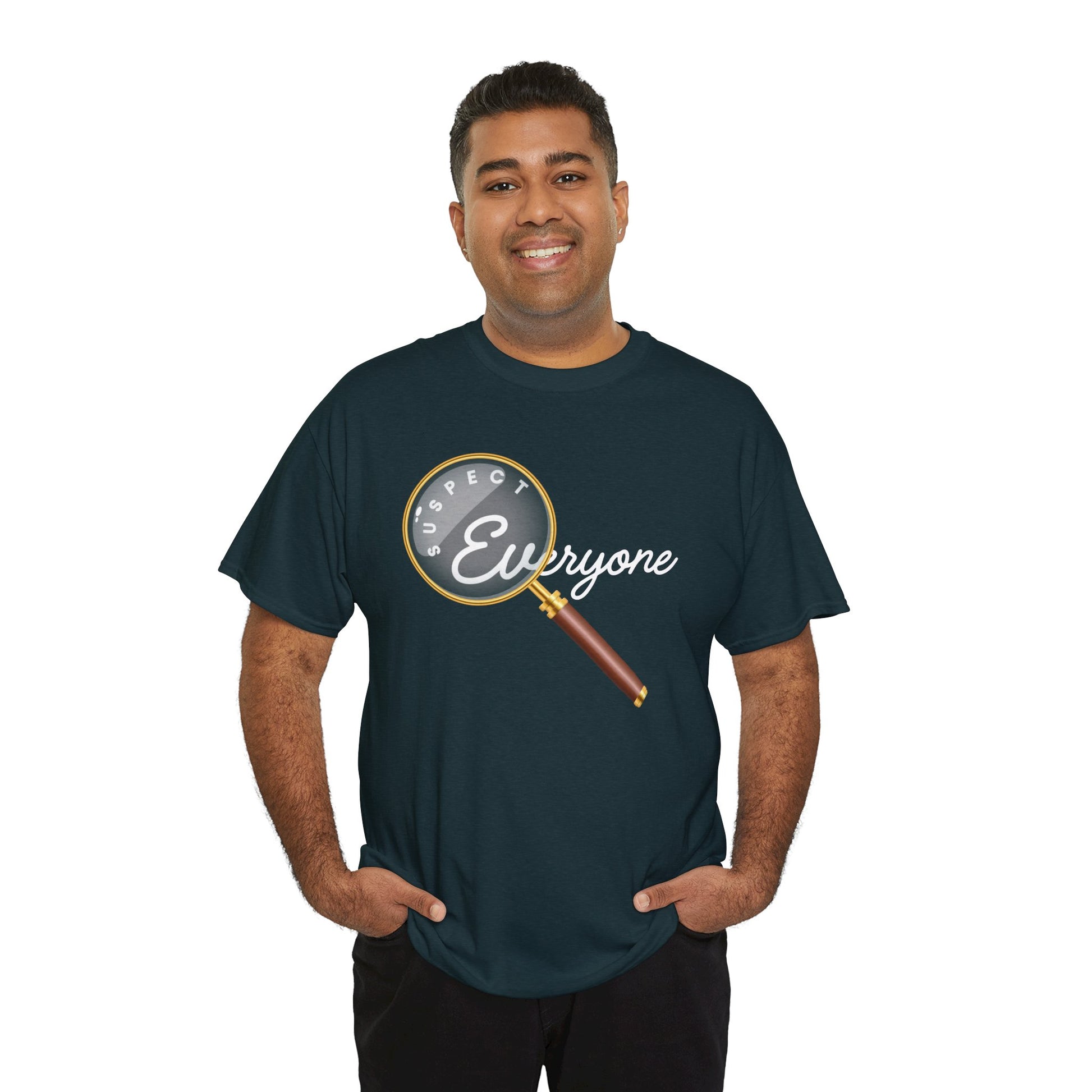 Man waring a dark t-shirt with a magnifying glass graphic and text 'Suspect Everyone'