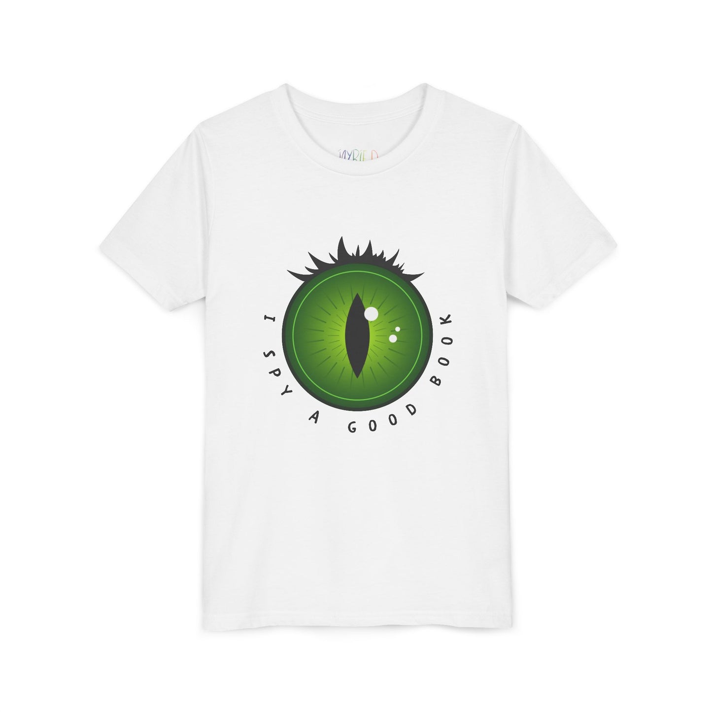 White t-shirt with a green monster eye graphic and text 'I SPY A GOOD BOOK'