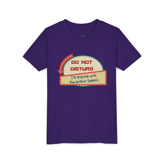 Purple t-shirt with a do not disturb sign and text 'I'm arguing with the author (again).'