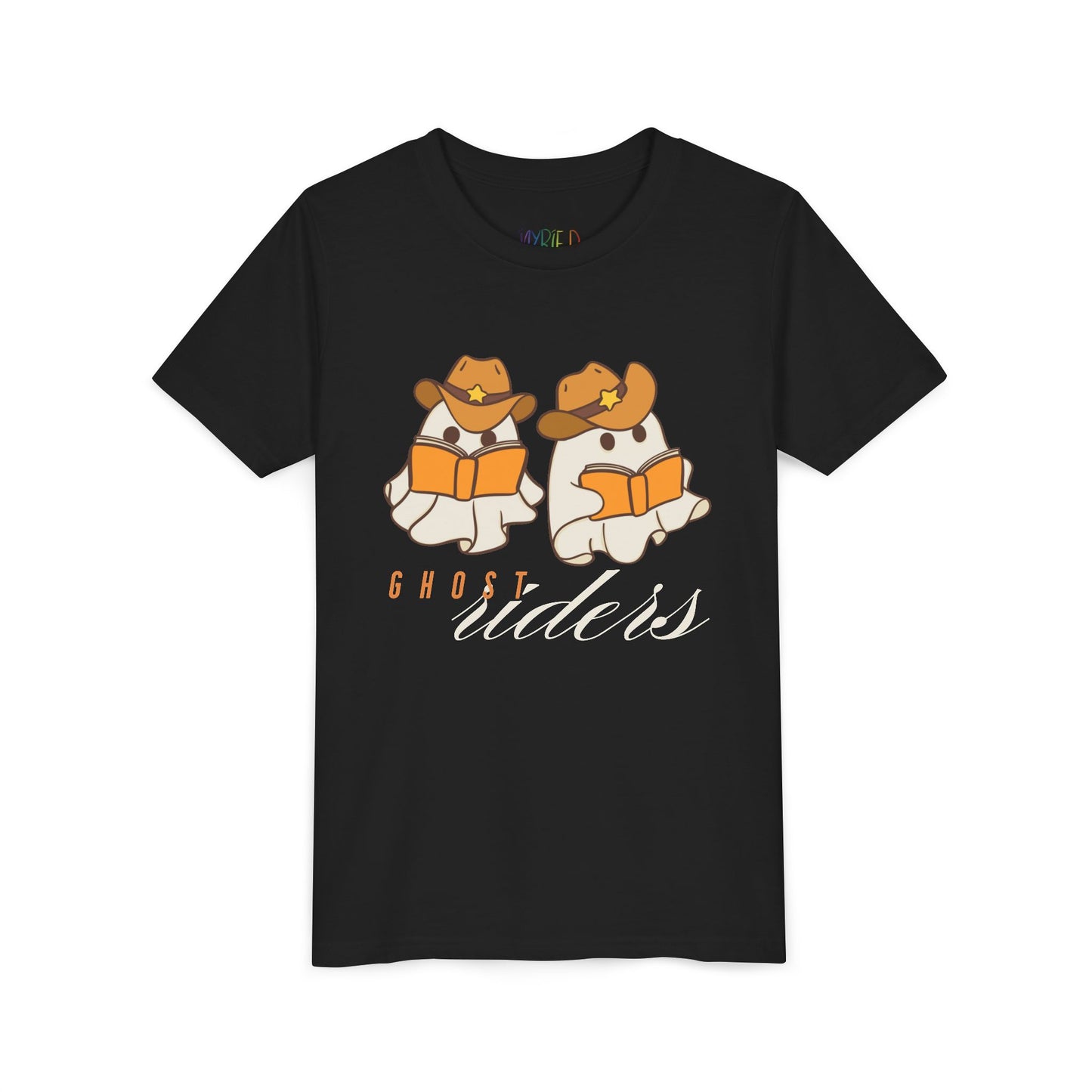 Black t-shirt with cowboy hat wearing ghost reading books and text 'Ghost Riders'