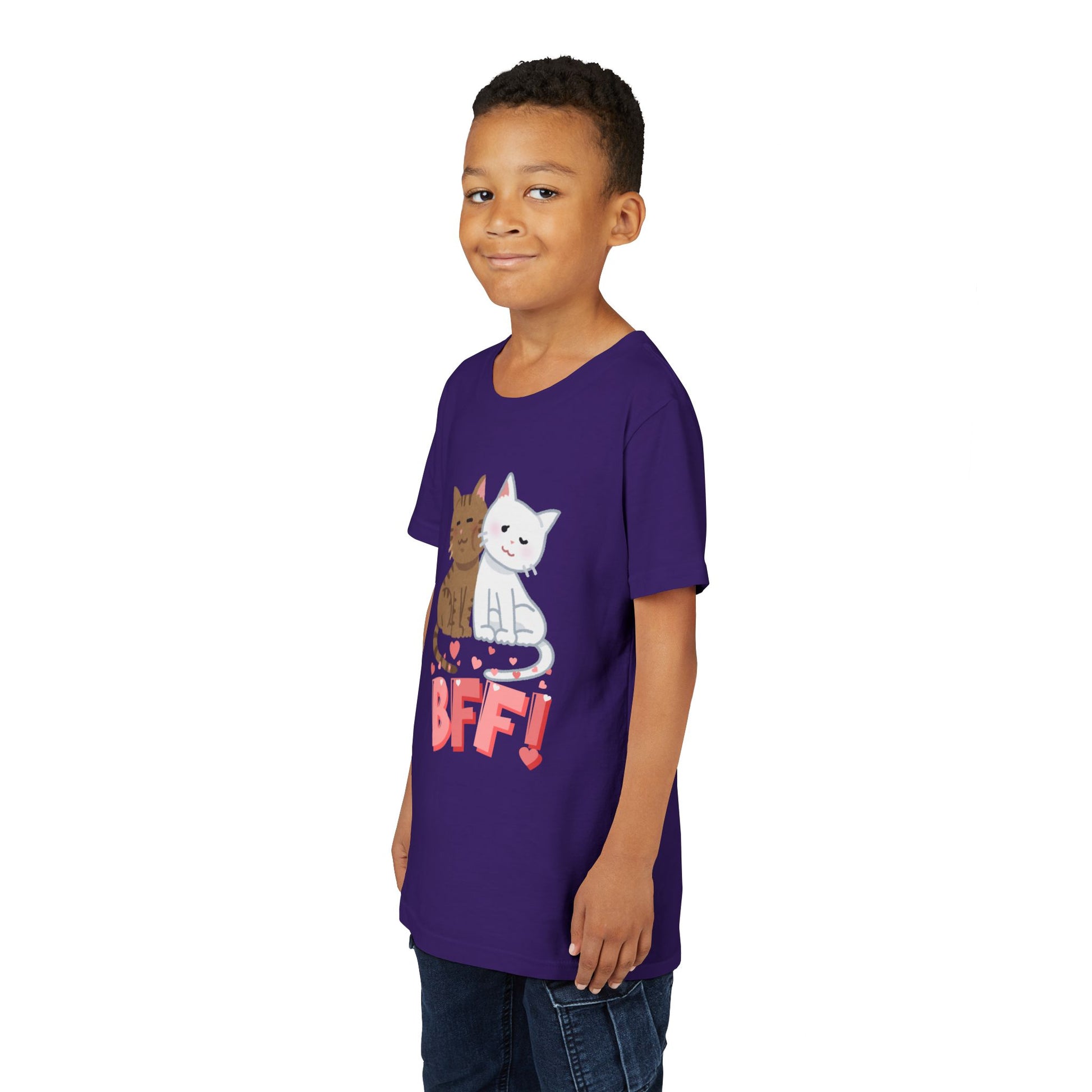 Boy wearing a purple t-shirt with two cats snuggled up with hearts and 'BFF!' text