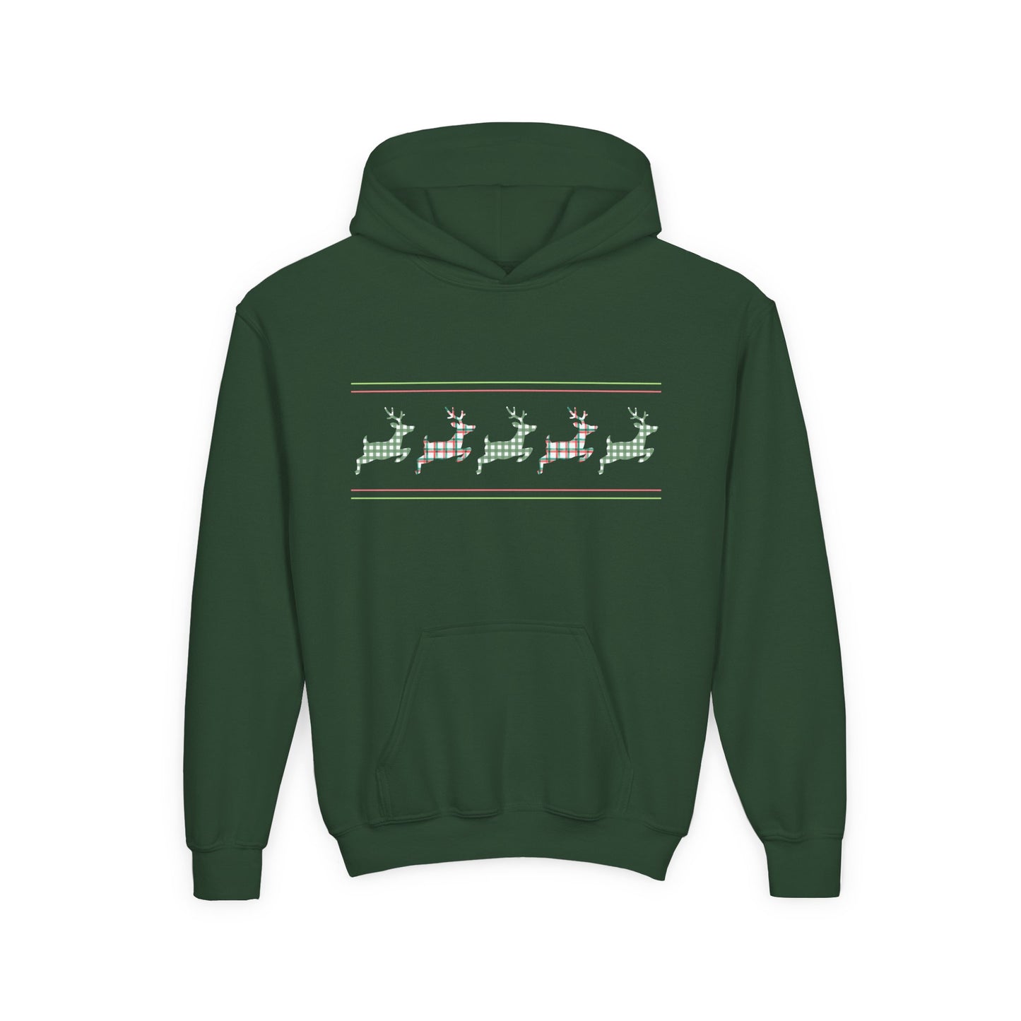 Green hoodie with a pattern of deer with plaid fabric on the back against a white background