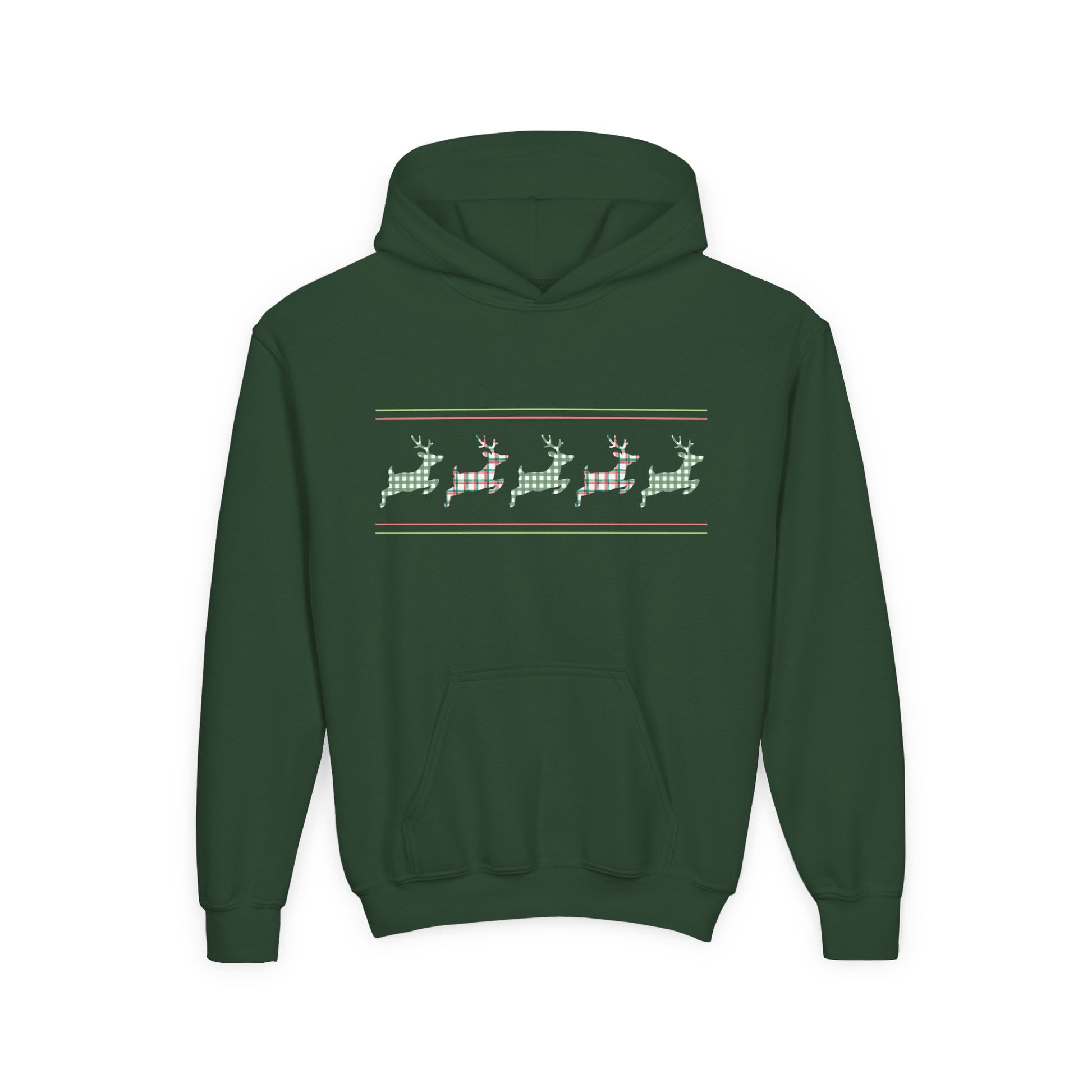 Green hoodie with a pattern of deer with plaid fabric on the back against a white background