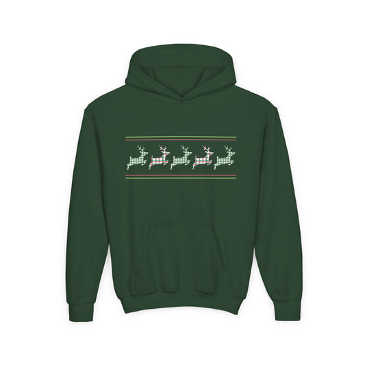 Green hoodie with a pattern of deer with plaid fabric on the back against a white background